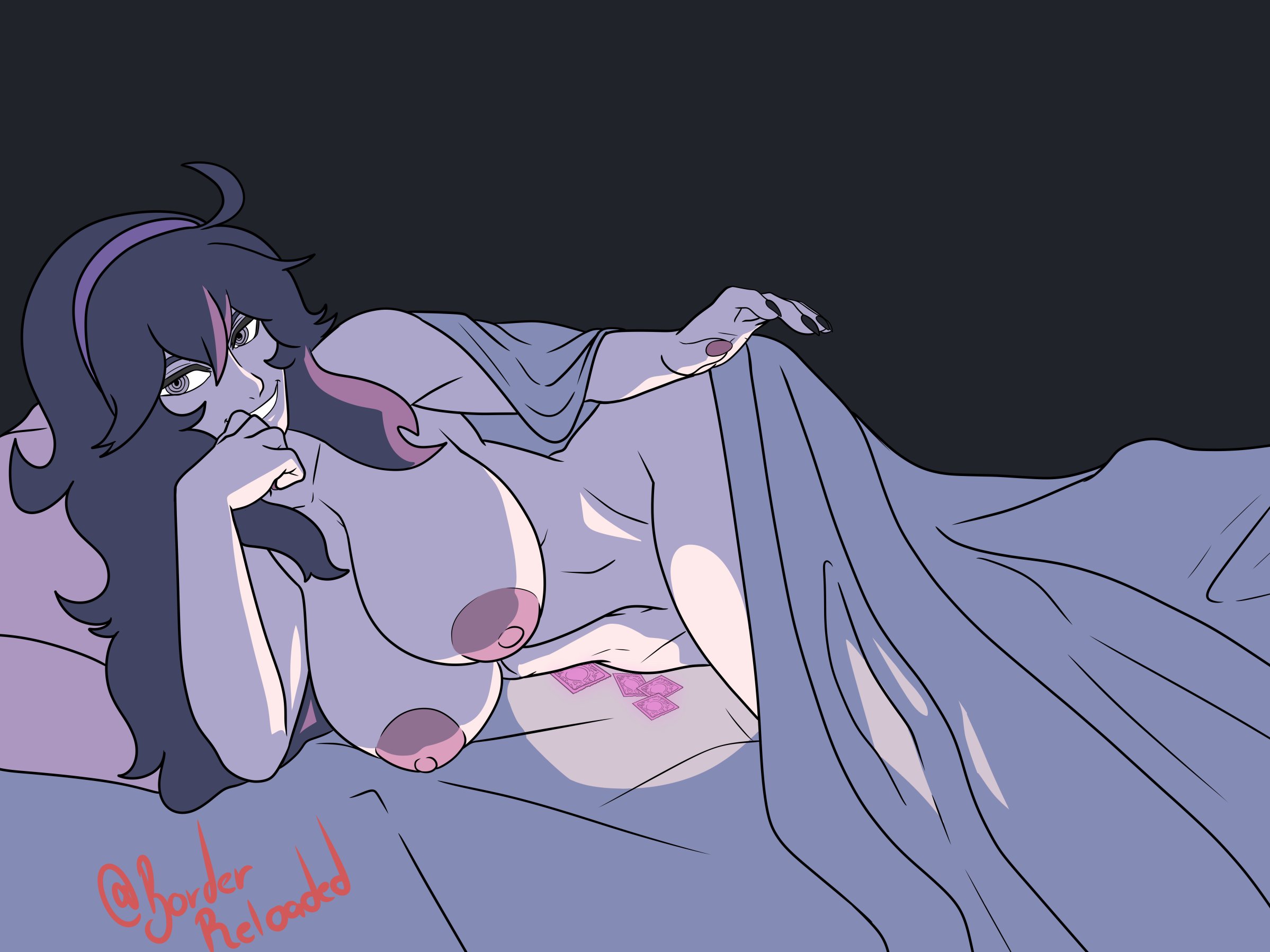 1girls, bed, big breasts, blanket, borderreloaded, breasts, condom, condom wrapper, female, female only, hairband, hex maniac, huge breasts, inviting under covers, nipples, pokemon, purple hair, solo, under covers