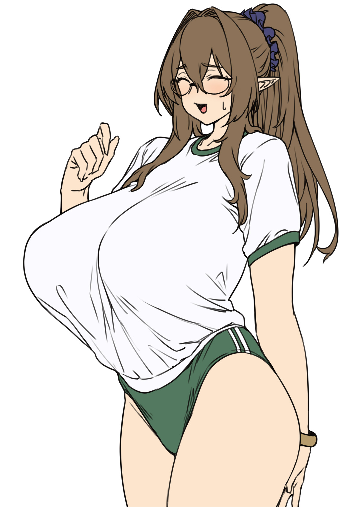 :d, ^ ^, breasts, brown hair, brown-haired glasses elf (houtengeki), buruma, closed eyes, female, green buruma, gym shirt, gym uniform, hair between eyes, highres, houtengeki, huge breasts, looking at viewer, original, pointy ears, ponytail, shirt, short sleeves, simple background, smile, solo, tented shirt, white background, white shirt