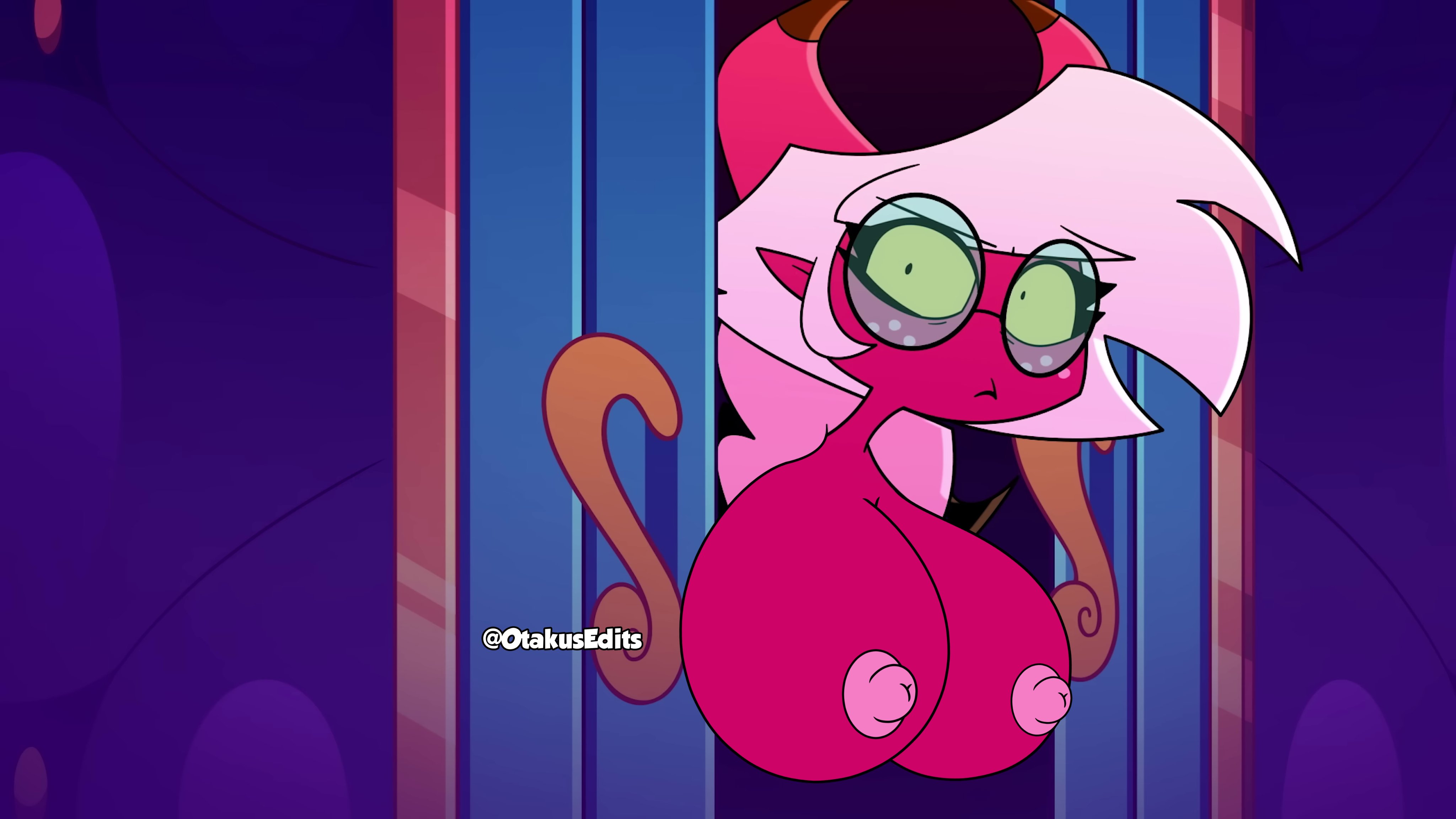1girls, accurate art style, areolae, asmodeus' assistant, background character, big breasts, black eyes, breasts, breasts out, clothed, demon, demon girl, demon horns, demon tail, demon wings, demoness, edit, exposed breasts, female, female only, freckles, freckles on face, glasses, hellaverse, helluva boss, huge breasts, nude edit, nude filter, otakusedits, pink skin, pink-skinned female, screencap, screenshot, screenshot edit, solo, solo female, sparkles j, succubus horns, succubus tail, succubus wings, vivienne medrano, vivziepop, yellow sclera
