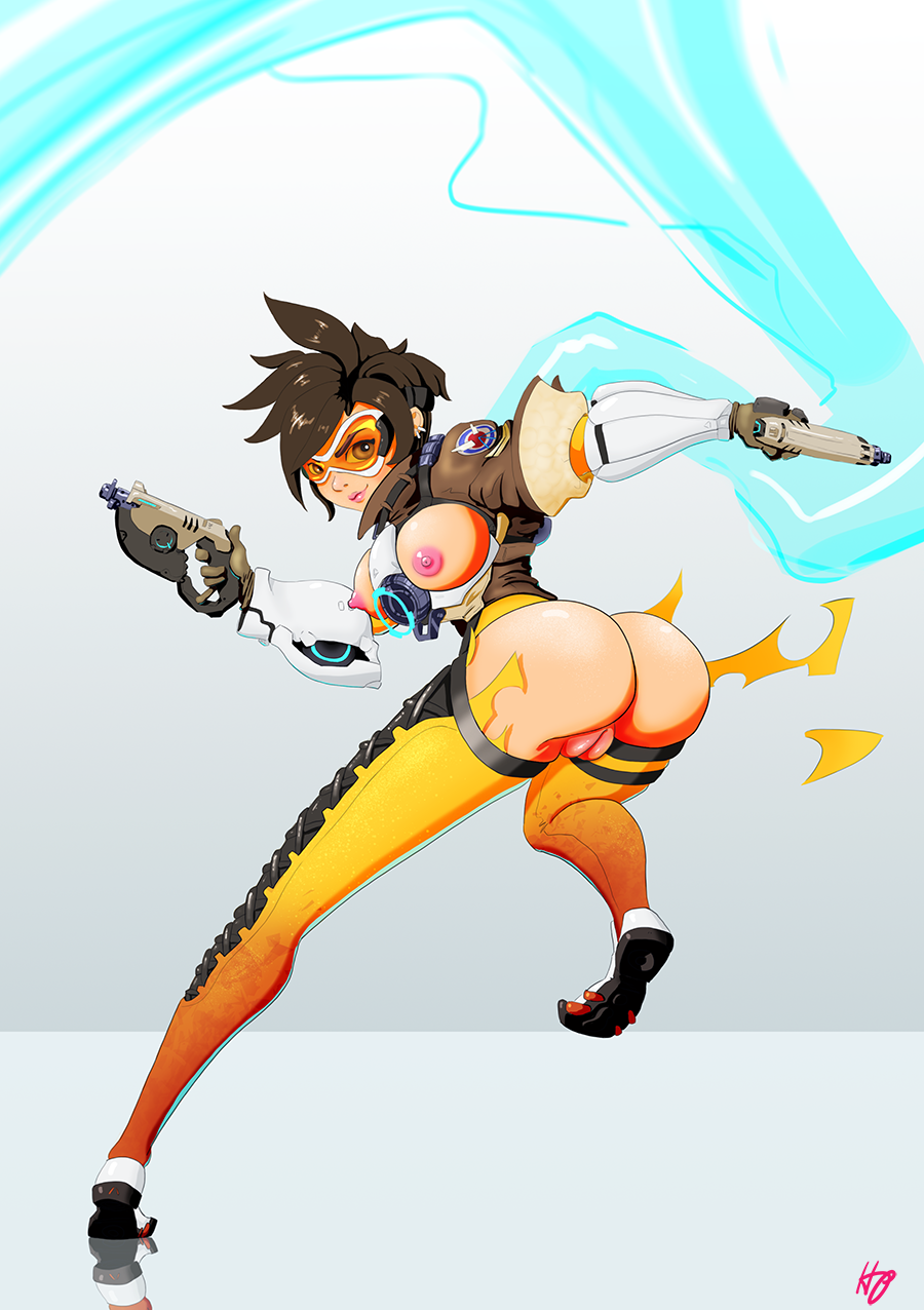 ass bomber_jacket breasts brown_hair dat_ass dual_wielding eyewear female female_only goggles gun handgun highres hotpinkevilbunny jacket legs looking_at_viewer nipples overwatch overwatch_2 pistol pussy short_hair solo solo_female thighs tracer weapon