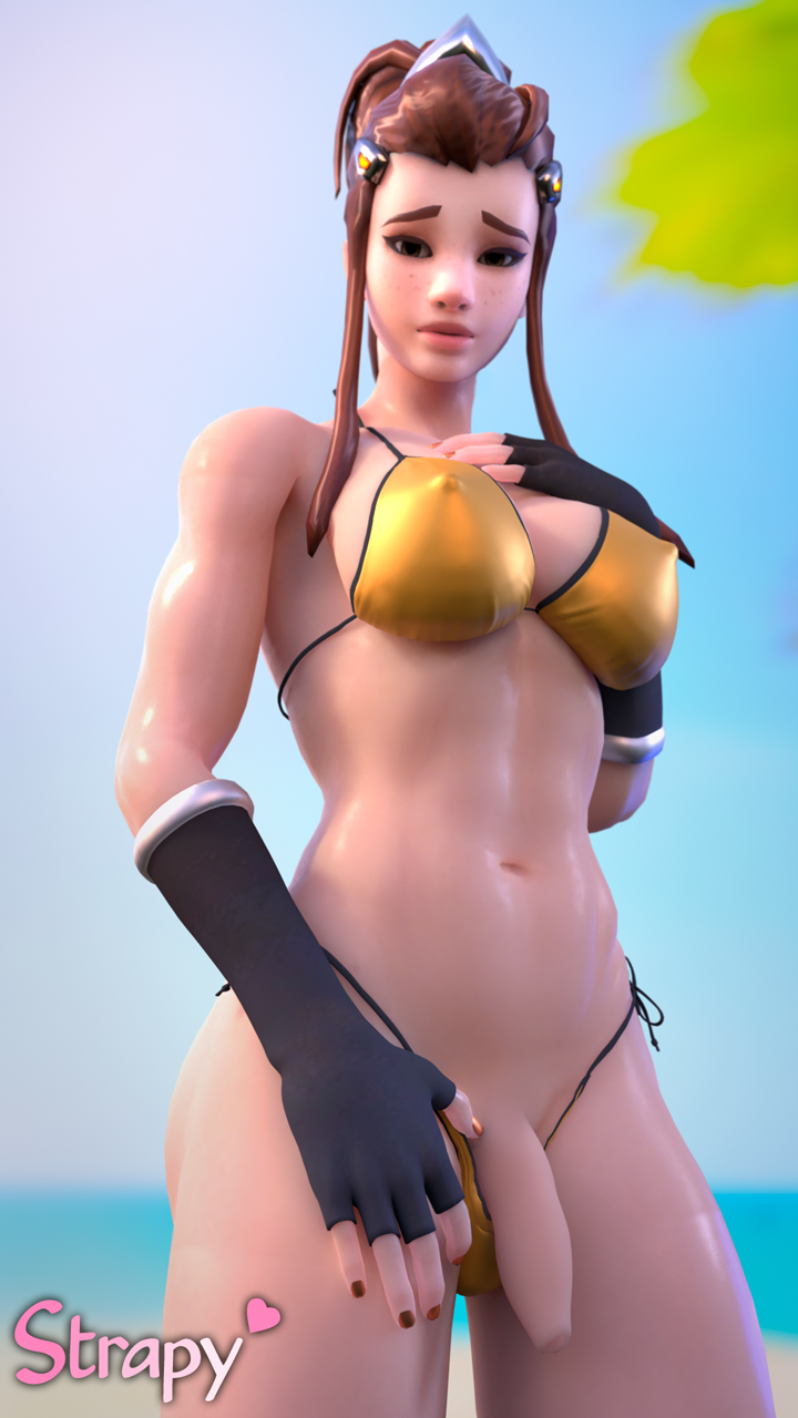 1futa, 3d, bikini, blender, bra, breasts, brigitte, brigitte lindholm, cleavage, dickgirl, erect nipples, foreskin, futa only, futanari, intersex, nipples, overwatch, penis, solo, solo futa, strapy, uncircumcised, uncut