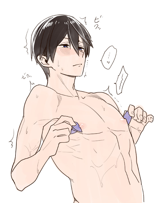 abs black_hair blush free! haruka_nanase male_only megumi-square muscle nipples solo topless