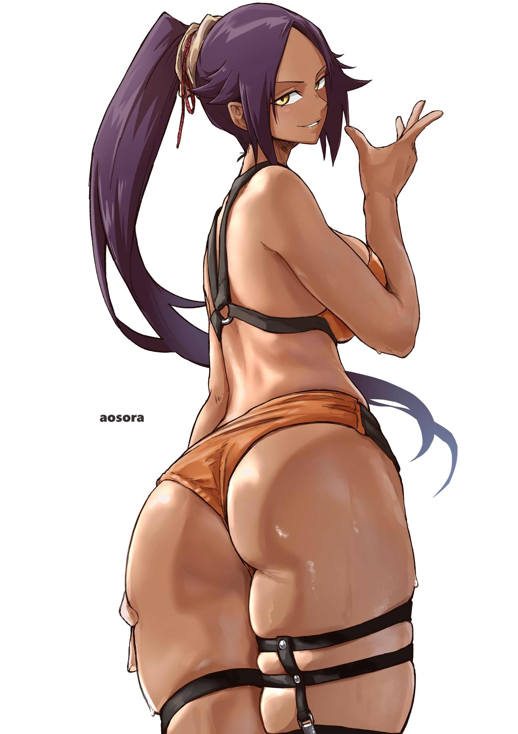 1girls, aosora, aroused face, ass, back view, big ass, big breasts, bikini, bleach, breasts, dark skin, dark-skinned female, female, long hair, looking at viewer, purple hair, purple-haired female, shihouin yoruichi, sideboob, smiling at viewer, tagme, thick ass, thick thighs, thigh strap, thighhighs, tied up, yellow eyes