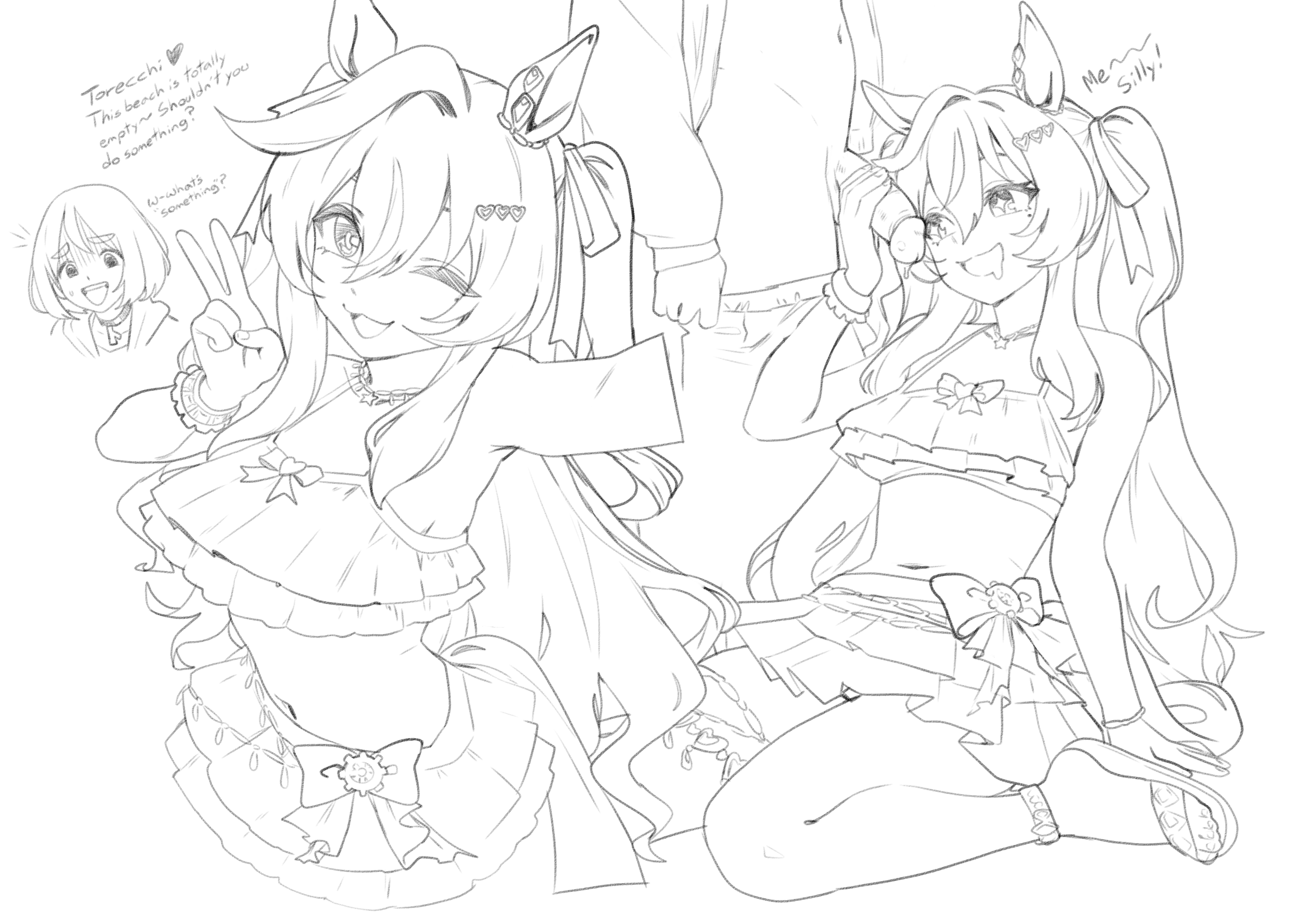 1boy, 1girls, choker, collar, eyebrows visible through hair, femboy, femboy on female, grabbing penis, open smile, swimsuit, thernz, thernz (character), thick eyebrows, trainer (umamusume), two-piece swimsuit, umamusume, vivlos (umamusume)