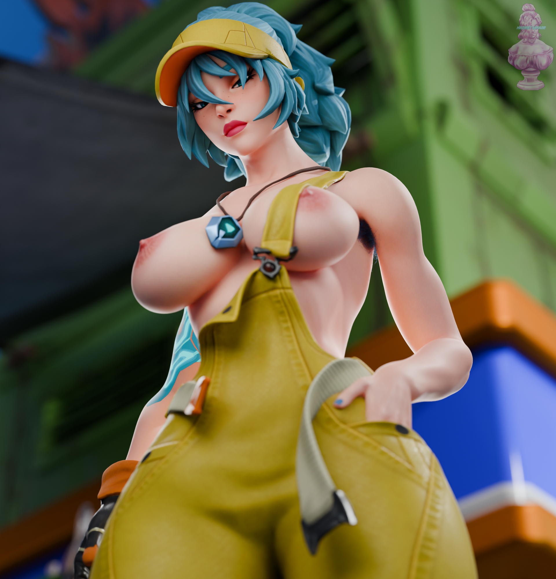 1girls, 3d, armpit hair, blender, blue hair, breasts, comet (fortnite), female, fortnite, hairy armpits, hand in pocket, haziest mirage, looking at viewer, medium breasts, overalls only, seductive look, topless
