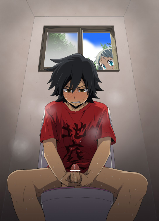 1boy anohana:_the_flower_we_saw_that_day bathroom blush bottomless bottomless_male censored clothing cum cum_on_penis erection female jinta_yadomi male_focus masturbation meiko_honma partially_clothed peeping penis shirt sitting spread_legs sweat tagme toilet voyeur wet