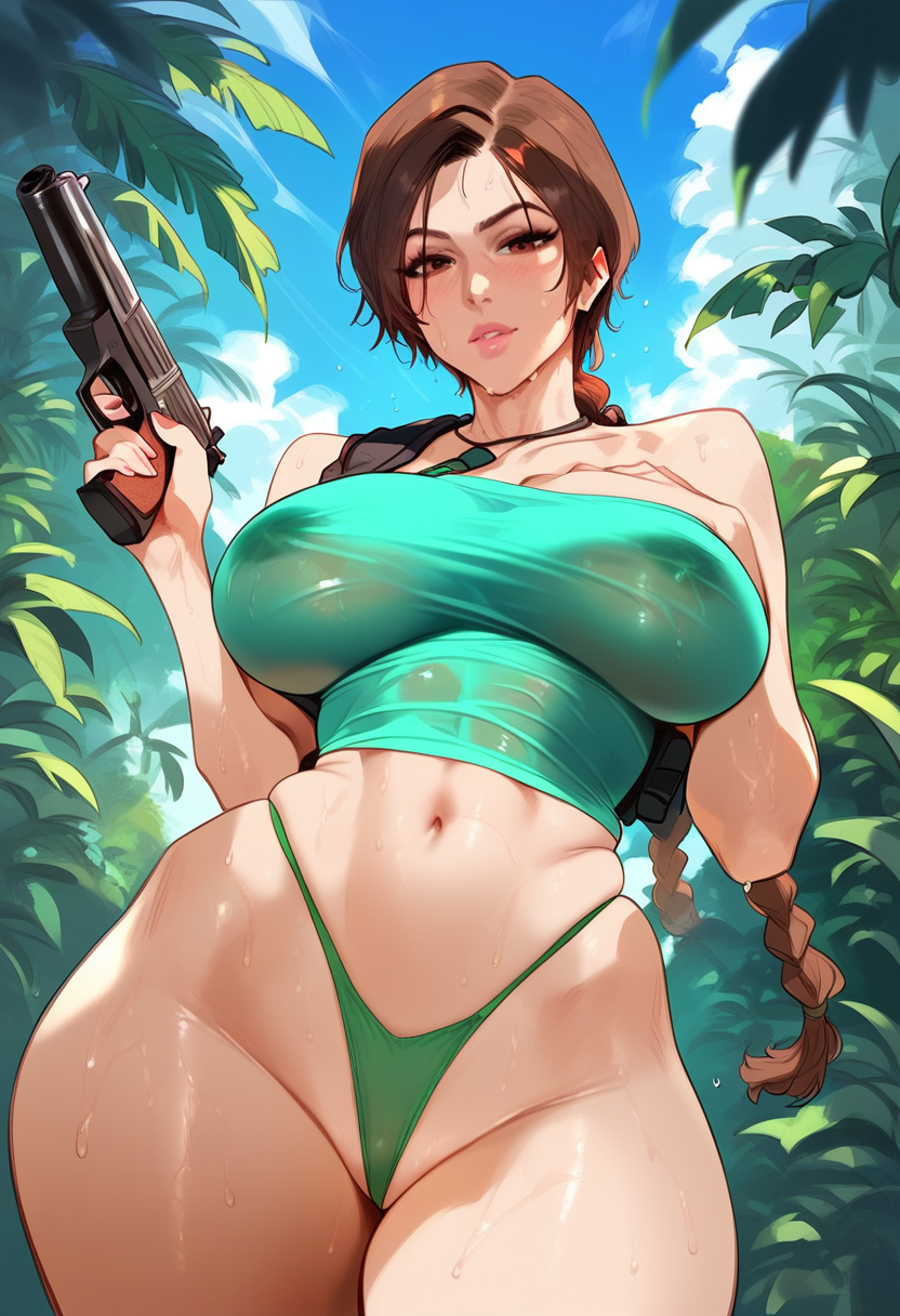2d ai_generated big_breasts braid braided_hair brown_hair female female_focus female_only gun lara_croft outdoors panties shirt solo solo_female solo_focus tagme tanktop tomb_raider wet wet_body wet_clothes