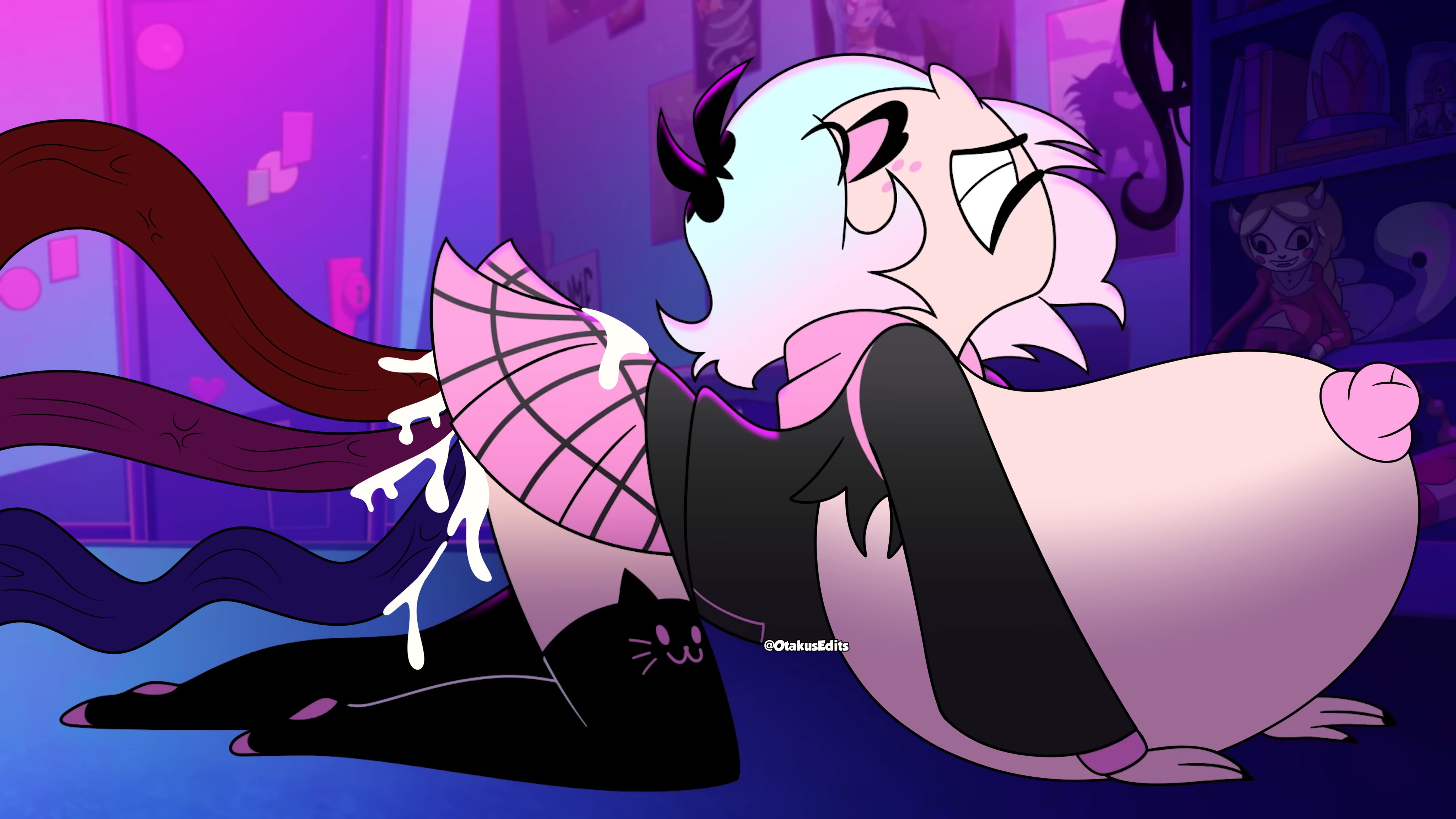 1girls, accurate art style, anal, big breasts, blush, bottomless, breasts, breasts out, closed eyes, consensual tentacles, cum, cum in pussy, cum on body, double anal, double penetration, dyed hair, edit, emberlynn pinkle, emberlynn pinkle (human form), female, female focus, fitted heel and toe, helluva boss, hyper breasts, large breasts, light skin, makeup, on all fours, open mouth, otakusedits, pussy, screencap, screenshot, screenshot edit, solo, tentacles, vaginal penetration, vivziepop