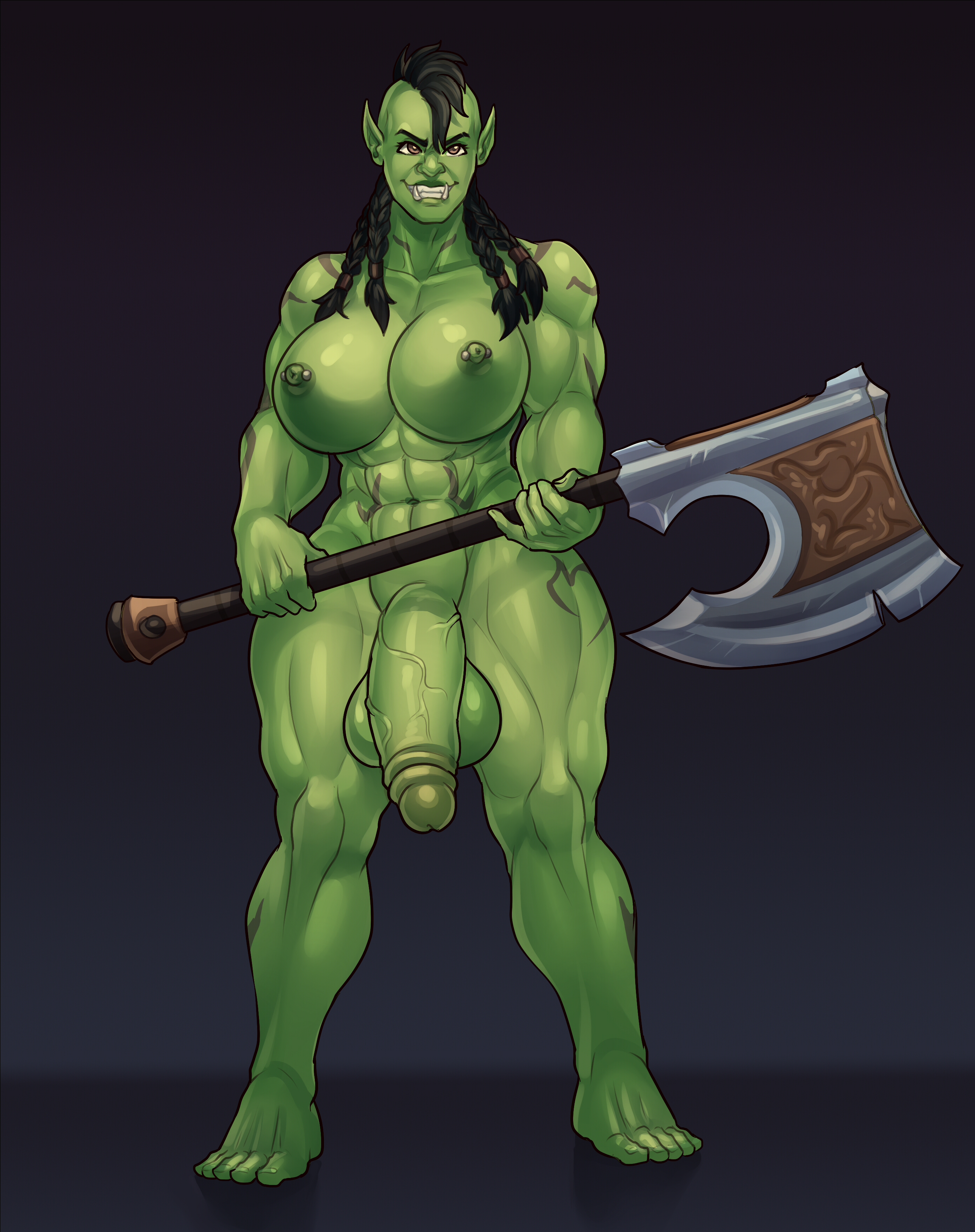 abs, axe, balls, big balls, big breasts, big cock, big dick, big penis, big testicles, black hair, blizzard entertainment, braided hair, breasts, cock, cuti-chan, dickgirl, futanari, grokasha ironfang, holding axe, holding melee weapon, holding object, holding weapon, intersex, long hair, melee weapon, muscular, muscular futa, muscular thighs, notcuti, orc, orc (warcraft), orc futa, original character, penis, roleplay character, solo, solo futa, testicles, warcraft, weapon, world of warcraft, wow