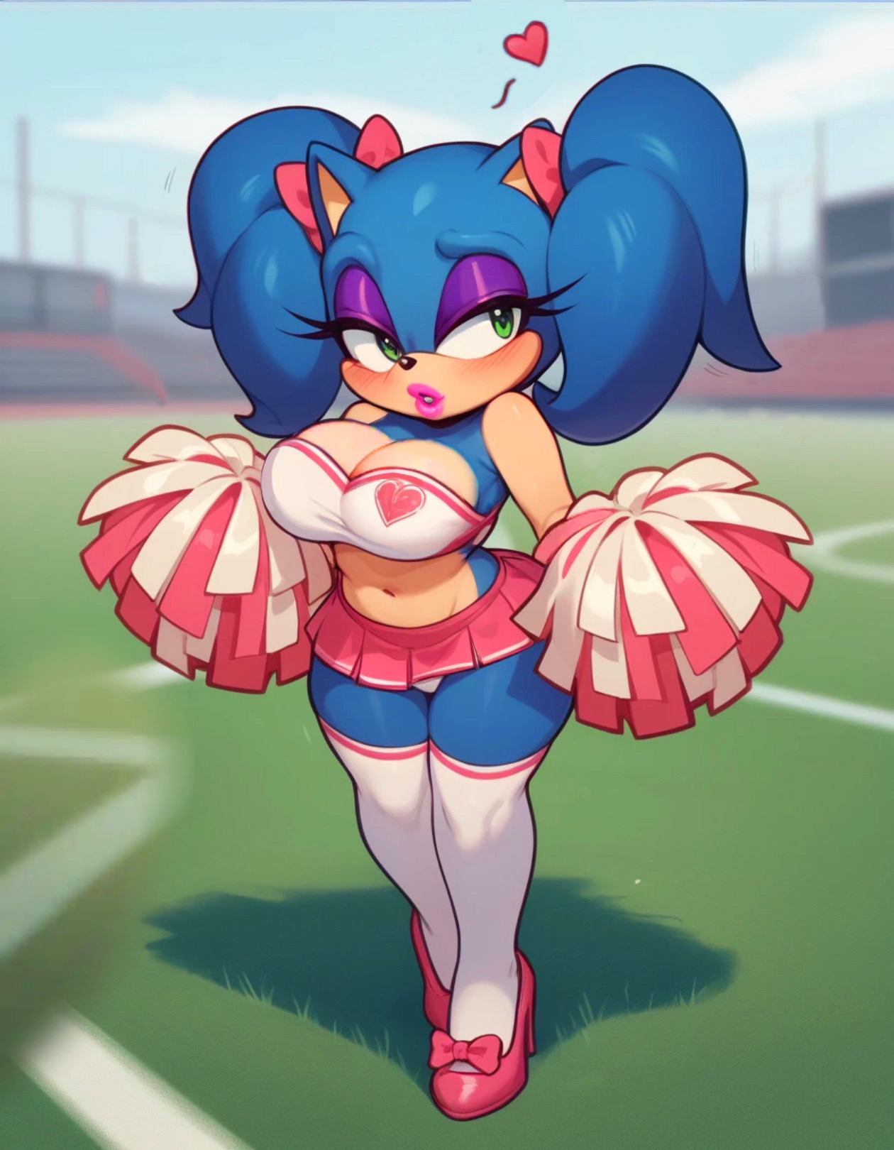 ai assisted, ai generated, bimbofication, cheerleader, cheerleader uniform, female, high heels, miniskirt, mtf transformation, pom poms, rule 63, sonic (series), sonic the hedgehog, sonic the hedgehog (series), sonique the hedgehog, stockings, transformation, twintails