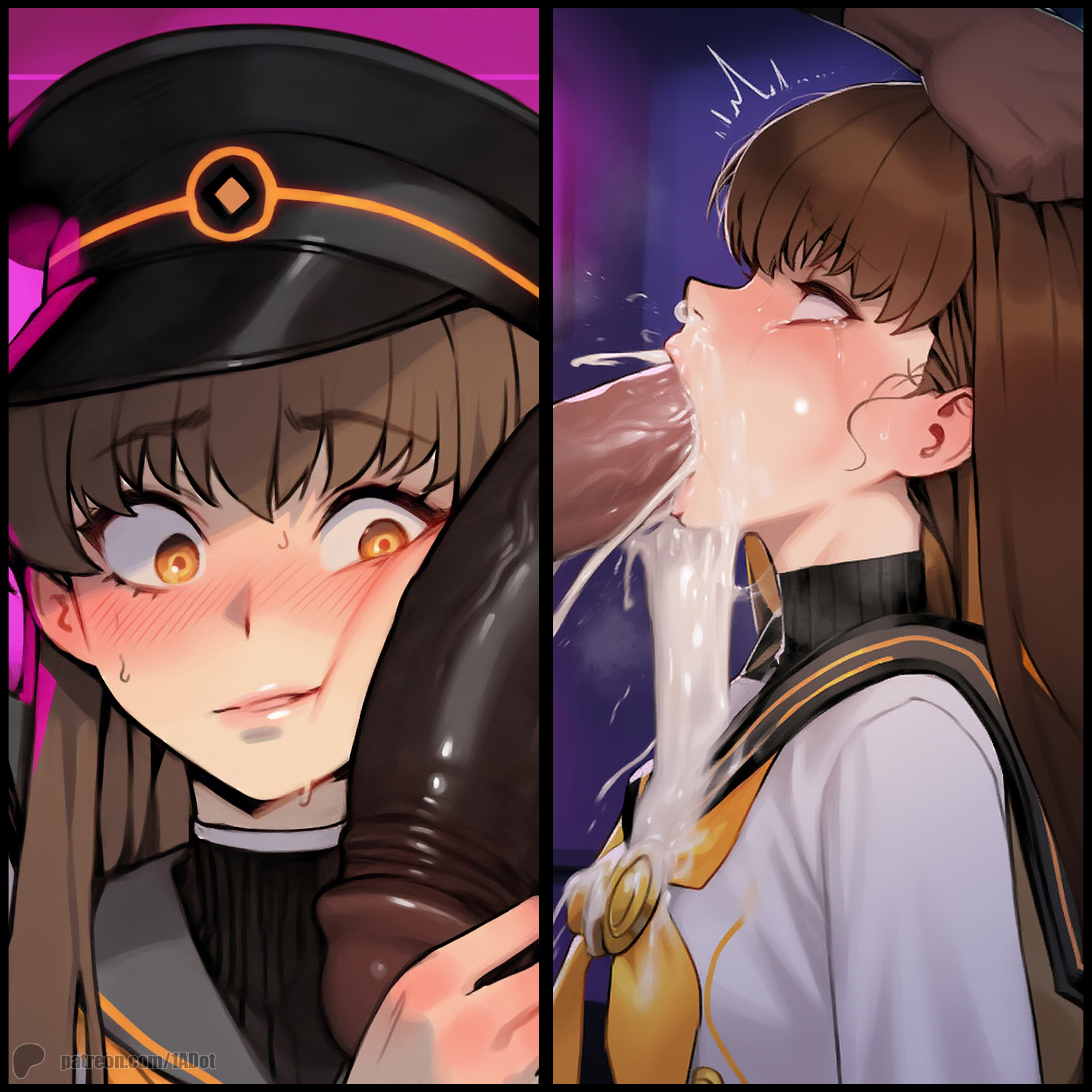 1-a dot, 1boy, 1girls, 2koma, ai generated, before and after, cum, cum in mouth, cum vomit, dark skin, dark-skinned male, fate (series), female, hakuno kishinami, huge cock, imminent oral, imminent rape, instant loss, interracial, kishinami hakuno (female), male, nightclub, passed out, penis, penis on face, rape, vomiting cum