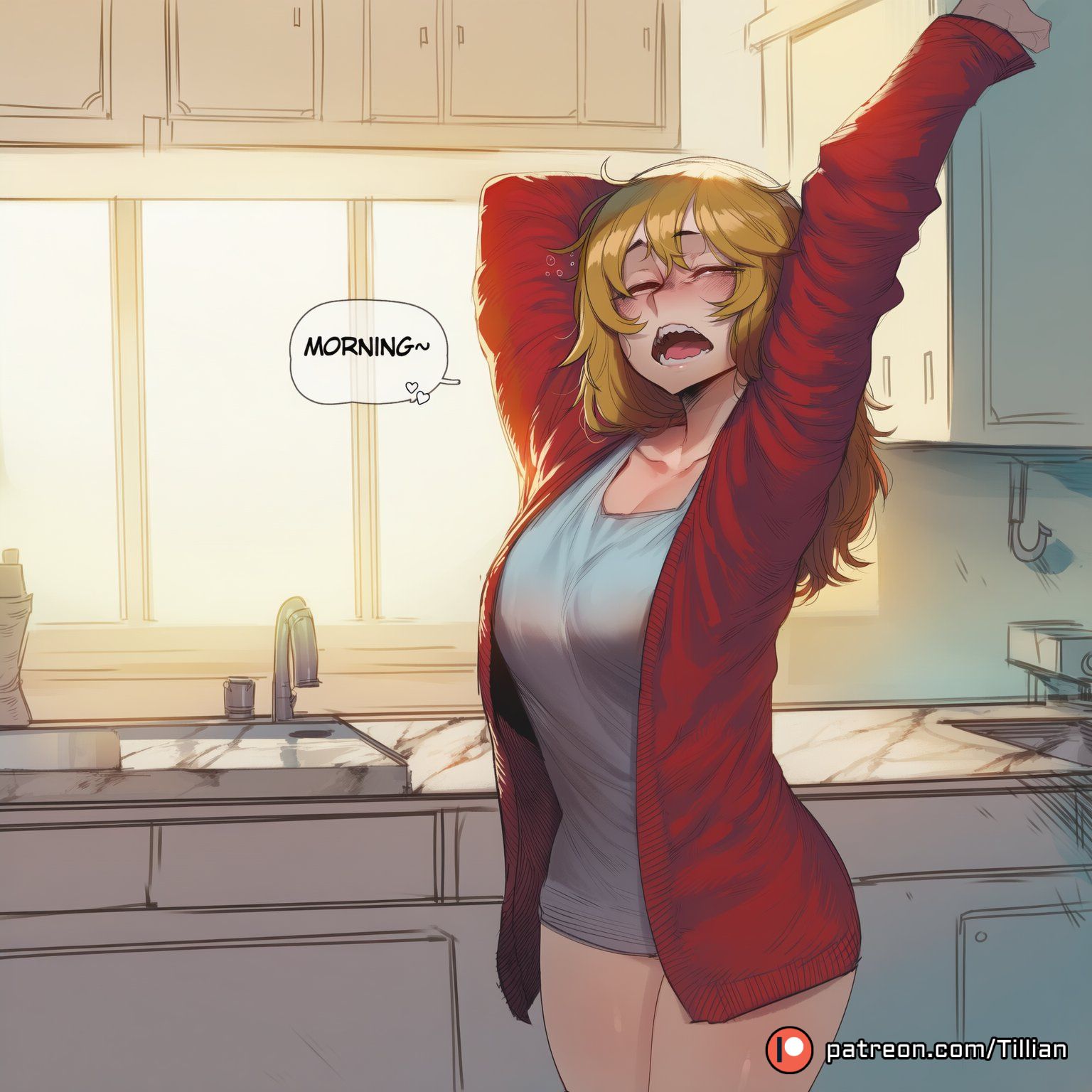 ai generated, arms up, artist name, bathroom, blonde hair, blush, breasts, cardigan, closed eyes, collarbone, cowboy shot, english text, faucet, female, gina (solo leveling), grey shirt, indoors, jacket, kitchen, large breasts, long hair, long sleeves, messy hair, morning, no pants, open cardigan, open clothes, open mouth, patreon logo, patreon username, shirt, sink, sleep bubble, sleepy, solo, solo leveling, speech bubble, standing, stove, stretching, sweater, teeth, thighs, thought bubble, tillian, waking up, watermark, web address, window, yawning