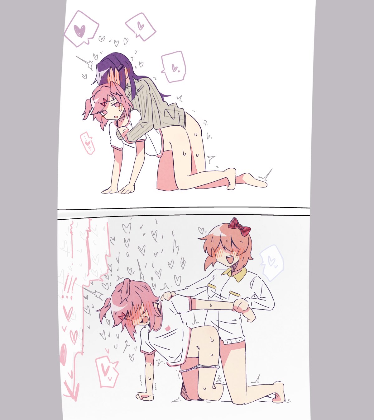 ...?, 3girls, ambiguous penetration, bottomless, disappointing sex, dissappointed, dissappointed look, doki doki literature club, female, female only, heart, hearts, kentylevel, multiple girls, natsuki (doki doki literature club), sayori (doki doki literature club), sex, unsatisfied, yuri, yuri (doki doki literature club)