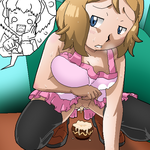 2girls aliasing black_legwear bloggerman blush breasts cum cum_in_pussy flying_sweatdrops human human_only large_breasts multiple_girls nintendo no_panties open_mouth pointing pokemon serena_(pokemon) shiny_hair short_serena squatting sweat thighhighs uncensored