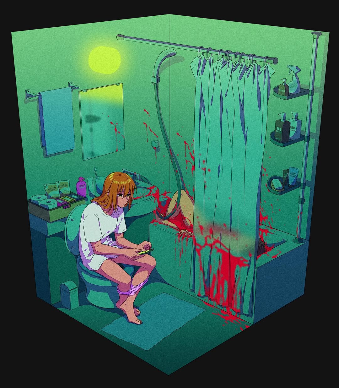 1other bathroom bathtub black_eyes blood blood_on_floor blood_on_wall blurry commentary convenient_censoring curtains death female gore highres holding holding_phone isometric knee_up knees_apart_feet_together long_hair looking_at_object mirror original panties panty_pull phone pink_hair pink_panties pool_of_blood reflective_surface rug saragi_n0r0 shampoo shirt shower_head sink slouching t-shirt toilet toilet_paper towel towel_rack trash_can underwear undressing white_shirt