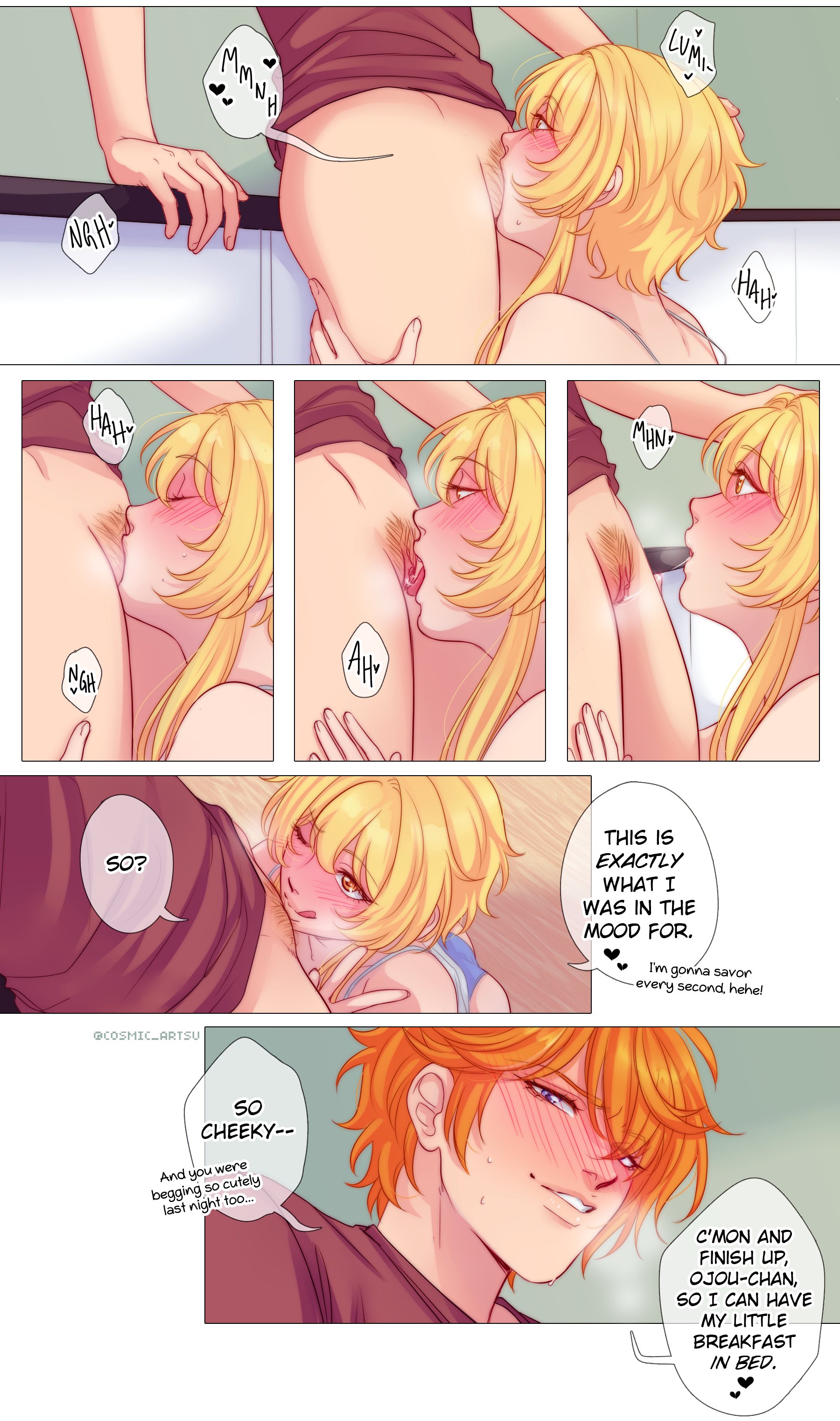 childe (genshin impact), cosmic artsu, couple, cunnilingus, cuntboy, cuntboy/female, female, genshin impact, hoyoverse, intersex, loving couple, lumine (genshin impact), male, straight, tartaglia (genshin impact)