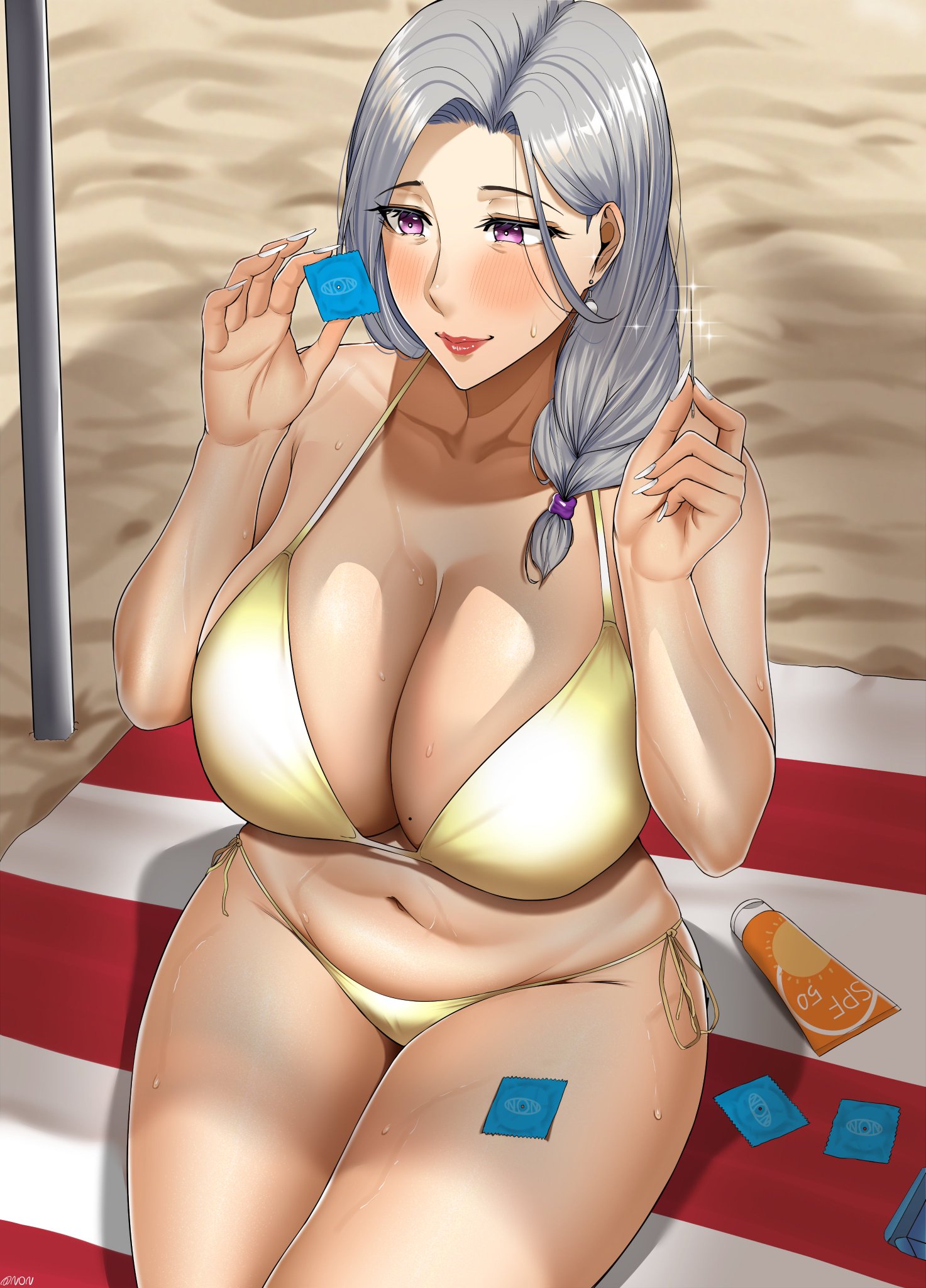 1girls, baby crazy, beach, beach towel, big breasts, bikini, bikini bottom, bikini top, breasts, broken condom, condom, condom wrapper, condoms, female, gilf, gray hair, grey hair, huge breasts, manipulation, mature female, milf, n0n 001, nak (n0n 001), needle, pierced condom, punctured, punctured condom, sabotage, sabotaged condom, solo, sweat, sweatdrop, sweating, sweaty, tagme, tear troughs, unopened condom wrapper, useless condom, white hair, wrinkles
