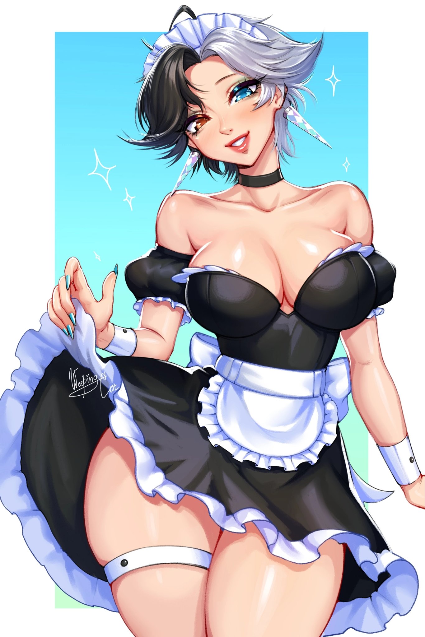 1girls, 2d, breasts, cleavage, clothed, dress, female, female focus, female only, fully clothed, heterochromia, large breasts, light skin, light-skinned female, long fingernails, looking at viewer, luna snow, luna snow (marvel rivals), maid, maid headdress, maid uniform, marvel, marvel comics, marvel rivals, nail polish, painted fingernails, painted nails, sharp fingernails, solo, thighhighs, thighs, uniform, weeping cat, x-men