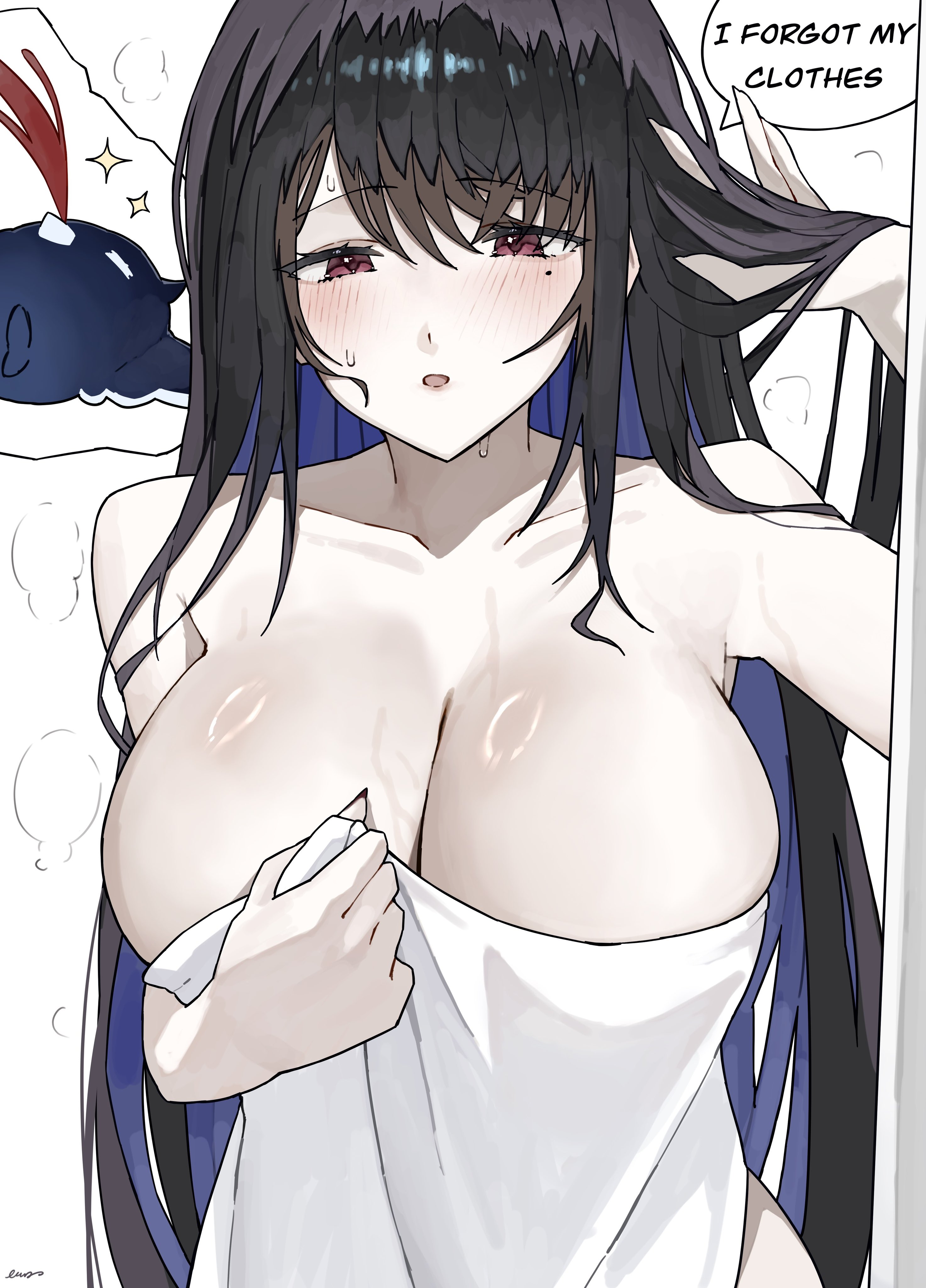 1girls, black hair, blood, blue hair, blush, breasts, cleavage, covering, dialogue, ewn, fainted, fan mascot (vtuber), female, hololive, hololive english, hololive english -advent-, jailbird (nerissa ravencroft), long hair, naked, nerissa ravencroft, nosebleed, nude, passed out, red eyes, sweat, text, virtual youtuber