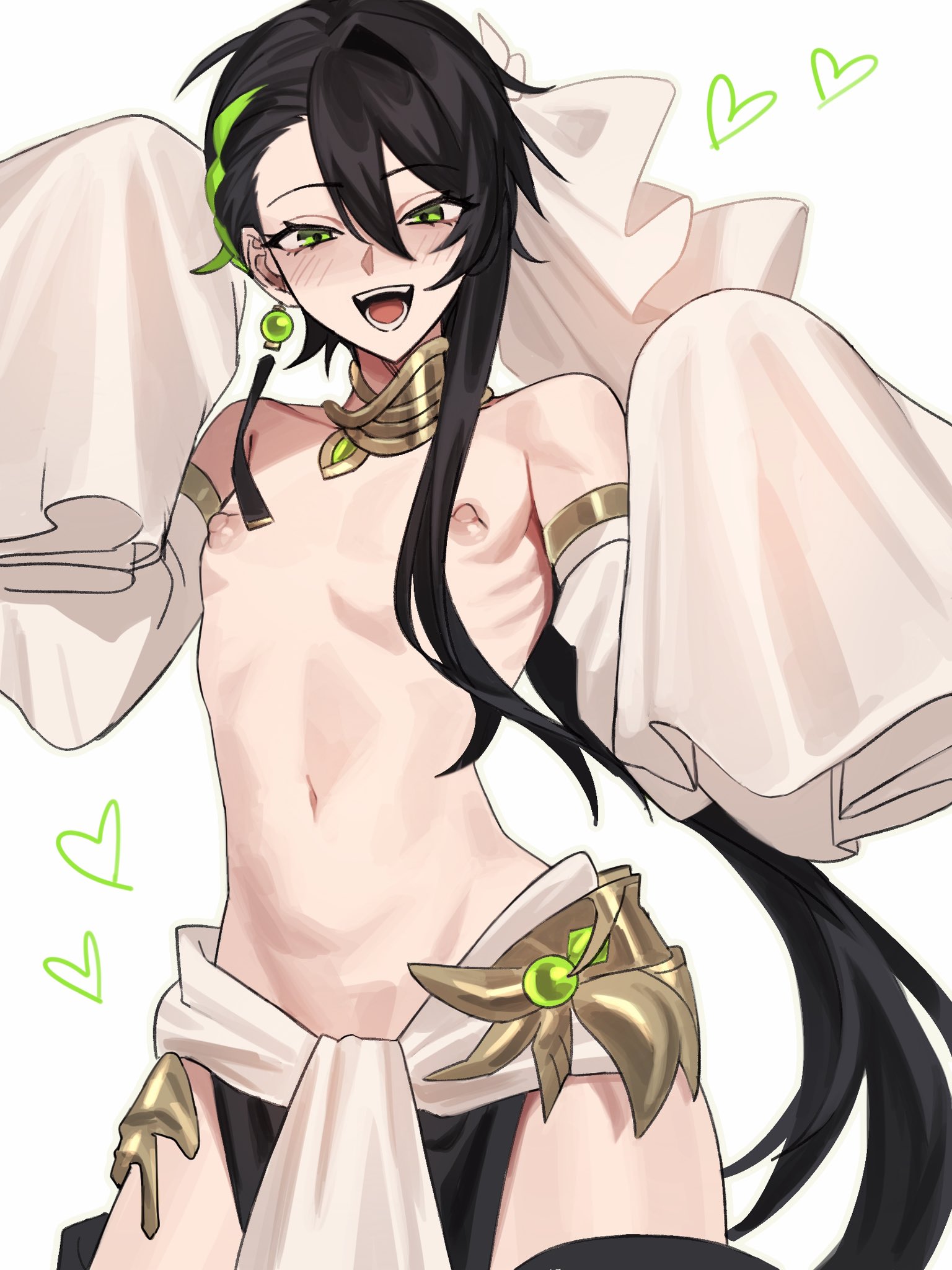 1boy, amemanpo, black hair, blush, detached sleeves, earrings, femboy, green eyes, green hair, heart, long hair, looking at viewer, male, male focus, multicolored hair, navel, original character, sleeves past wrists, solo, streaked hair, topless, white background