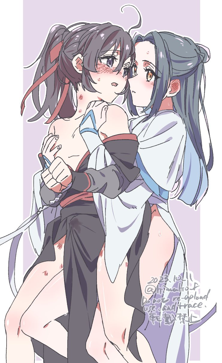 2boys aged_down ahoge anal bare_legs bare_pectorals bare_shoulders bite_mark black_hair black_hanfu blush bound bound_wrists breasts bulge chinese_clothes convenient_censoring dated ear_blush erection erection_under_clothes eye_contact groping hair_between_eyes hair_ribbon hand_on_another's_chest hand_on_another's_shoulder hanfu hickey highres hug hug_from_behind implied_sex kimako_(kimako_8) lan_wangji long_hair long_sleeves looking_at_another modao_zushi multiple_boys off_shoulder open_clothes open_mouth open_robe otoko_no_ko parted_lips partially_undressed pectorals pelvic_curtain ponytail purple_background purple_eyes red_ribbon ribbon robe sash sex sex_from_behind side_slit simple_background sleeves_past_wrists smile standing sweat topknot twitter_username watermark wei_wuxian white_hanfu wide_sleeves yaoi yellow_eyes
