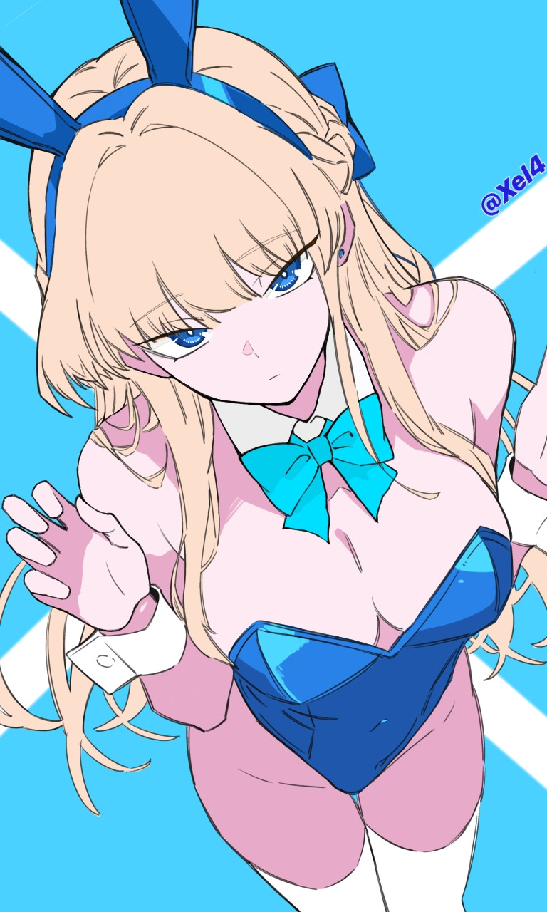 1girls, artist name, bewitching thighs, blonde female, blonde hair, blue archive, blue bow tie, blue bunny ears, blue bunnysuit, blue earrings, blue eyes, braided hair, breasts, bunny ears, bunny ears (cosmetic), bunny girl, bunnysuit, eyebrows visible through hair, female, female only, high school student, large breasts, long hair, looking at viewer, solo, solo female, teenage female, teenager, thighhighs, toki (blue archive), toki (bunny) (blue archive), white collar, white legwear, wrist cuffs, xel4