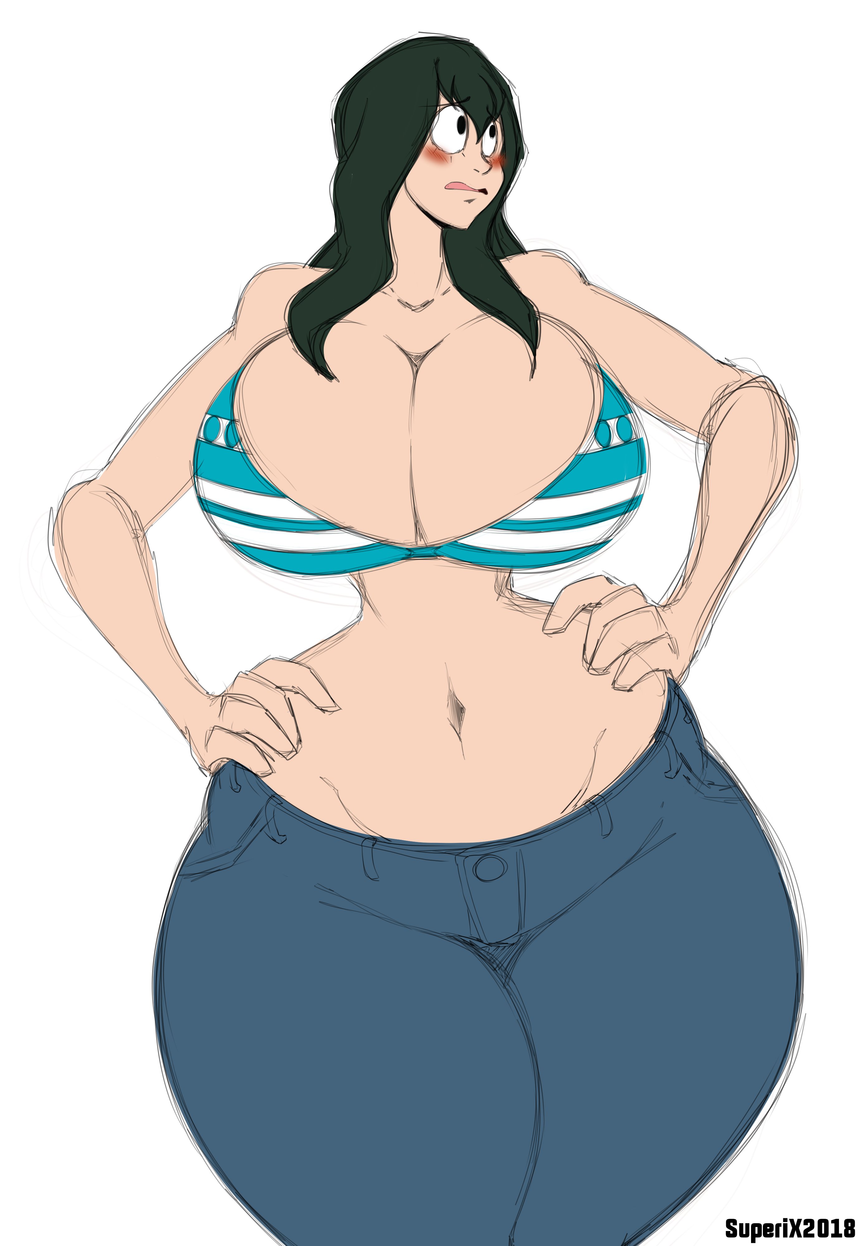 arms on waist, bikini top, breasts, clothing, female, female only, huge breasts, jeans, large breasts, midriff, my hero academia, nami (one piece) (cosplay), one piece, superix, thick thighs, tsuyu asui, white background, wide hips