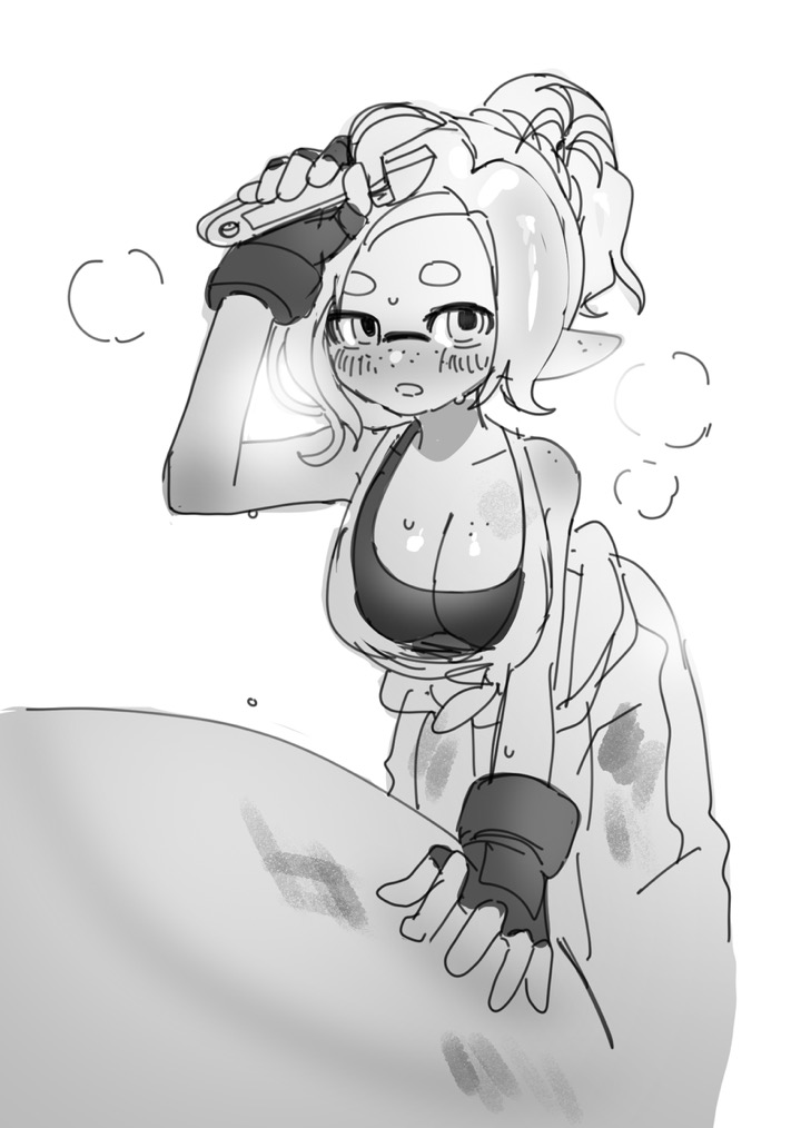 1girls, blush, breasts, dark skin, dark-skinned female, deep cleavage, female, holding object, holding wrench, large breasts, looking at viewer, mechanic (splatoon raiders), nintendo, norishiitsu, pointy ears, sheer clothing, splatoon, splatoon (series), splatoon raiders, wiping forehead
