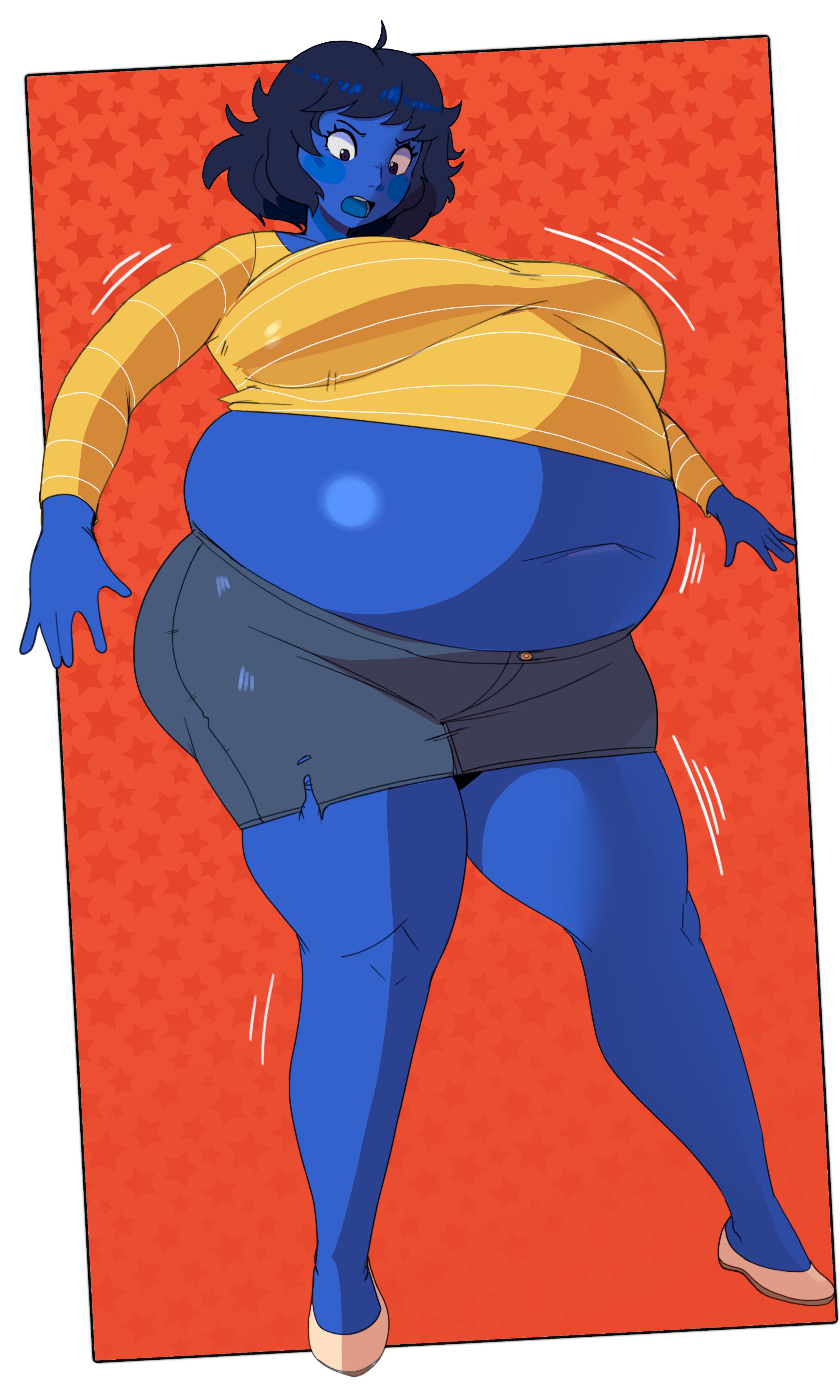 ass expansion, belly, belly button, belly expansion, big breasts, blue skin, blueberry inflation, breast expansion, breast growth, breast growth (enlargement), breasts, female, inflation, nuumatic, open mouth, persona, persona 5, sadayo kawakami, teacher, thick thighs, wardrobe malfunction