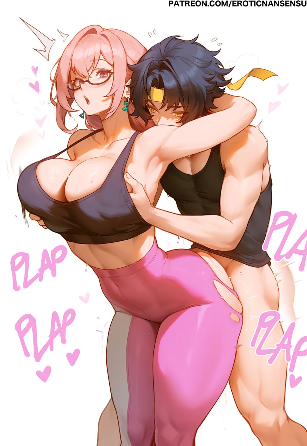 1boy, 1girls, 2d, 2d (artwork), ai assisted, ai generated, artist name, asaba harumasa, ass, ass grab, breasts, digital drawing (artwork), english text, erotic nansensu, female, female focus, from behind, large ass, large breasts, leggings, light skin, light-skinned female, looking at another, looking back, male, patreon username, sex, standing doggy style, standing sex, thick thighs, thighs, torn clothes, tsukishiro yanagi, watermark, wide hips, yoga pants, zenless zone zero