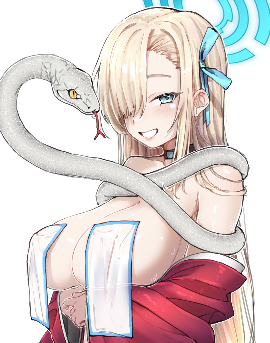1girls, aqua ribbon, asuna (blue archive), asymmetrical bangs, asymmetrical hair, big breasts, blonde hair, blue archive, blue eyes, blue ribbon, breast support, breasts, collar, female, female only, ichinose asuna, japanese clothes, kogal, looking at viewer, nipple bulge, one eye covered, pokies, poking, poking out, ribbon, shintikku, smile, smiling, smiling at viewer, snake, solo, tagme, white background, yellow hair