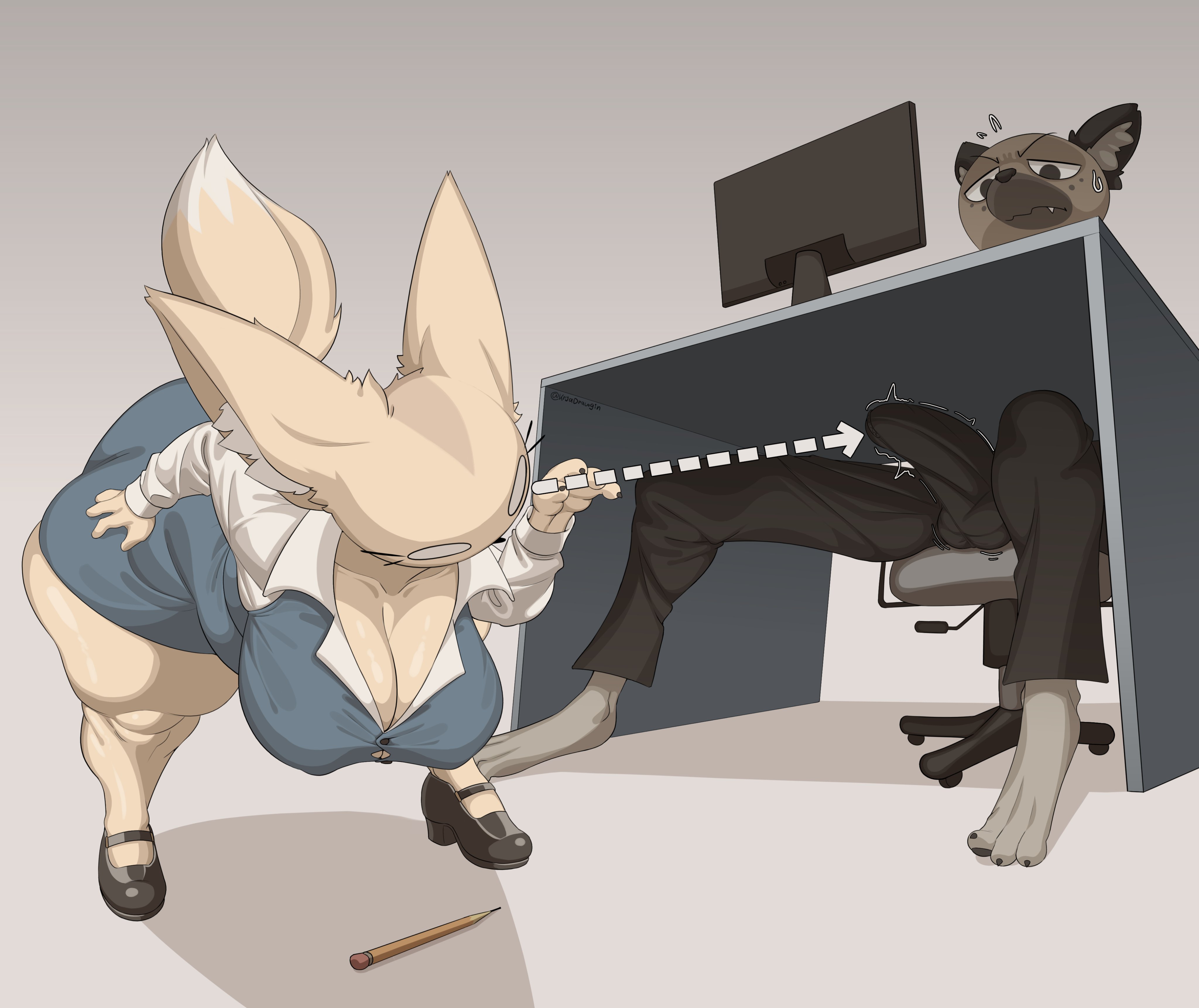 1boy, 1girls, aggressive retsuko, annoyed, anthro, anthro only, ass, big ass, big breasts, big penis, breasts, bulge through clothing, canid, canine, caught, chair, clothed, clothed female, clothed male, cock, desk, dick, erect penis, erection, erection under clothes, erection under clothing, fat ass, female, fennec, fenneko, fox, fully clothed, furry, haida, haida (aggretsuko), hiding erection, hyena, kryadrawgin, male, office, penis, spotted hyena, tail, twitching, twitching penis