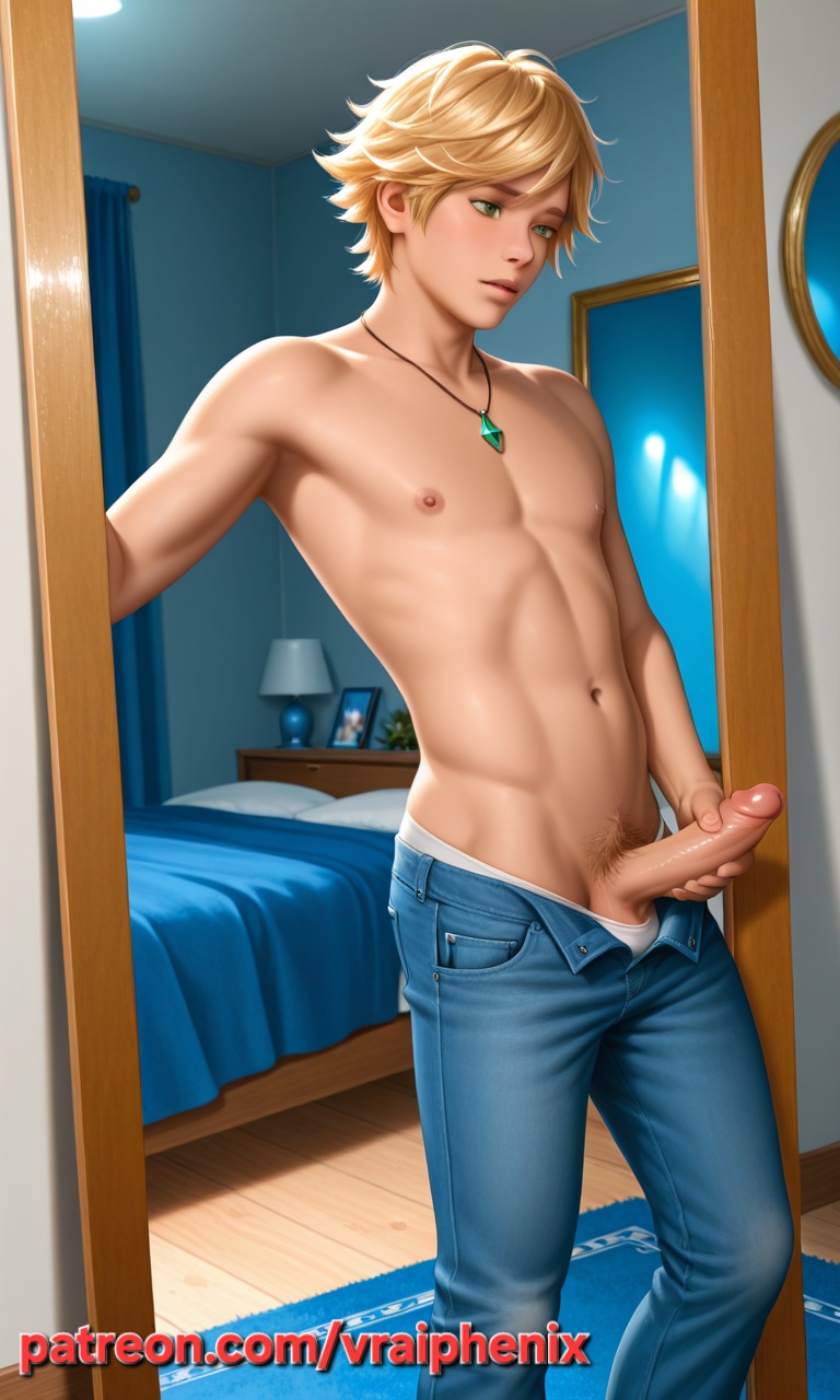 1boy, abs, adrien agreste, ai generated, bed, blonde hair, door, erection, green eyes, jeans, male, male focus, male only, masturbation, miraculous ladybug, miraculous: tales of ladybug and cat noir, muscles, necklace, no shirt, patreon, penis, penis out of pants, vraiphenix
