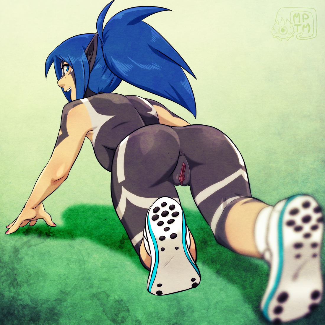anus, ass, bike shorts, bodypaint, clitoris, cosplay, false clothes, female, female zebstrika, my pet tentacle monster, nintendo, paint, painted clothes, pokemon, pokemorph, presenting, pussy, tagme, zebstrika