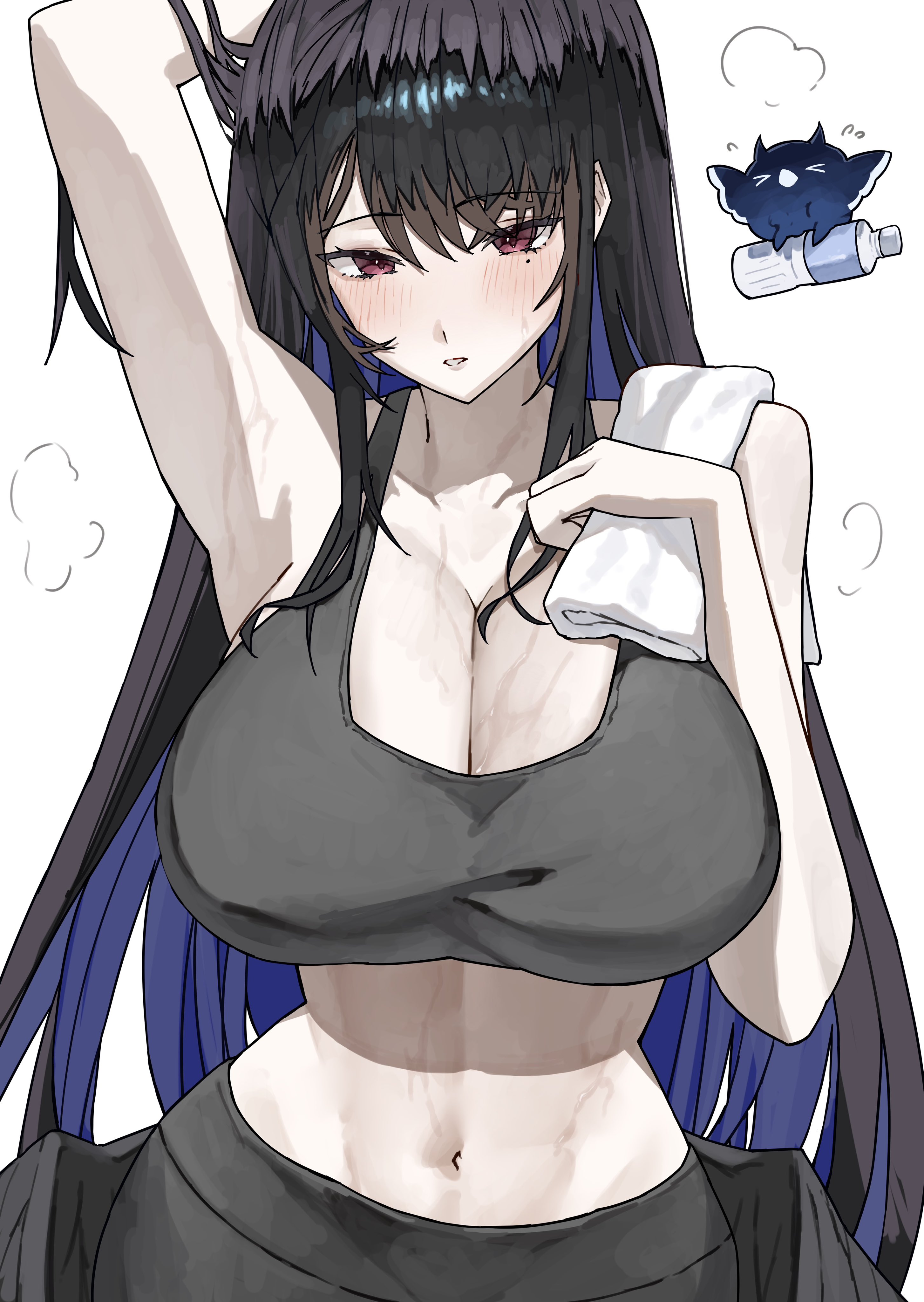 1girls, armpits, arms up, belly button, black hair, blue hair, bottle, breasts, cleavage, crop top, ewn, fan mascot (vtuber), female, gym clothes, hololive, hololive english, hololive english -advent-, jailbird (nerissa ravencroft), nerissa ravencroft, pants, red eyes, sweat, towel, virtual youtuber, workout clothes, yoga pants
