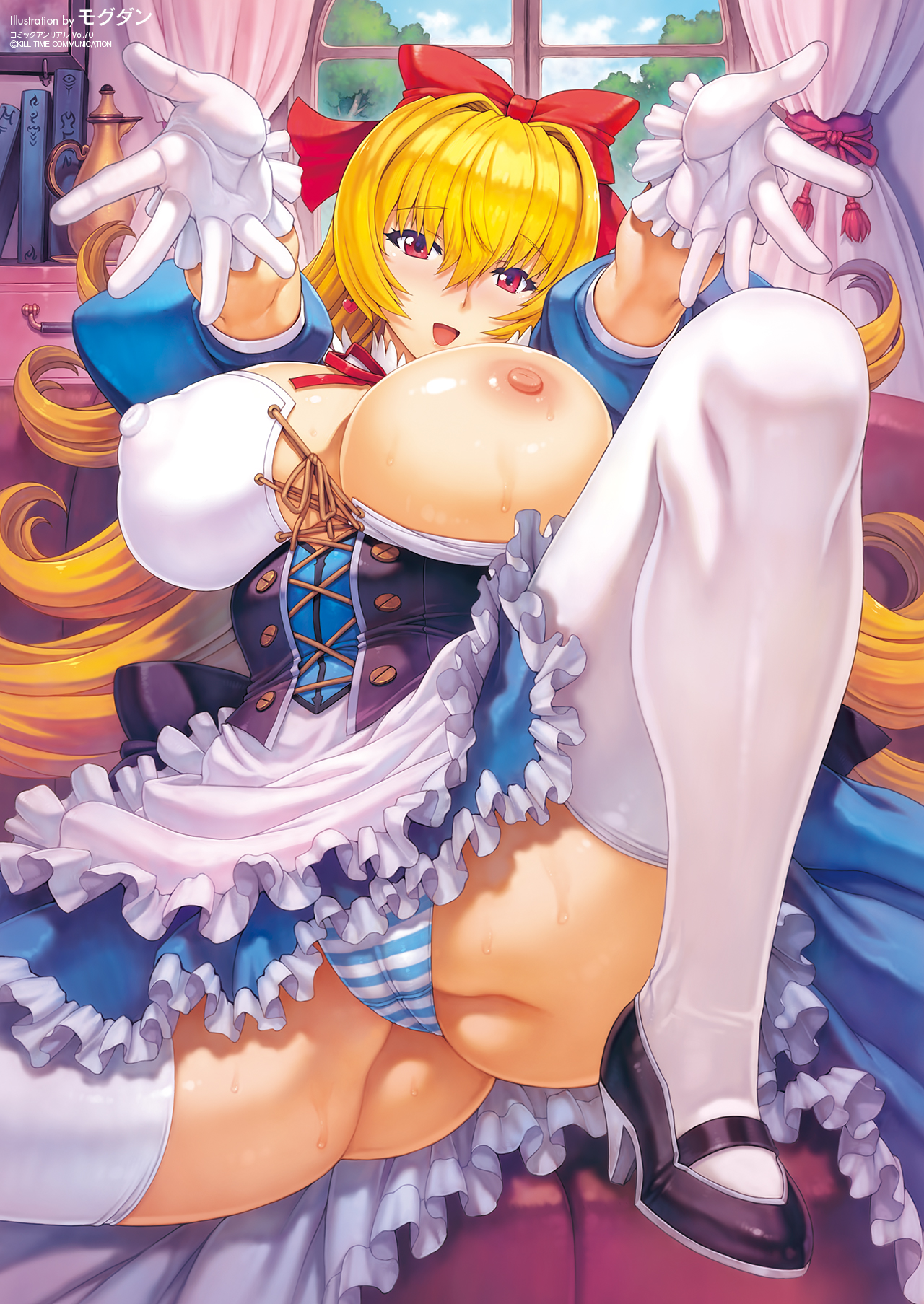 1girls, bangs, bed, blonde hair, blush, bow, breasts, erect nipples, eyebrows visible through hair, female, female only, gloves, hair between eyes, highres, huge breasts, lying, mogudan, nipples, one breast out, open mouth, panties, shiny, shiny hair, shiny skin, skintight, solo, thighhighs, tongue, very long hair, voluptuous, watermark