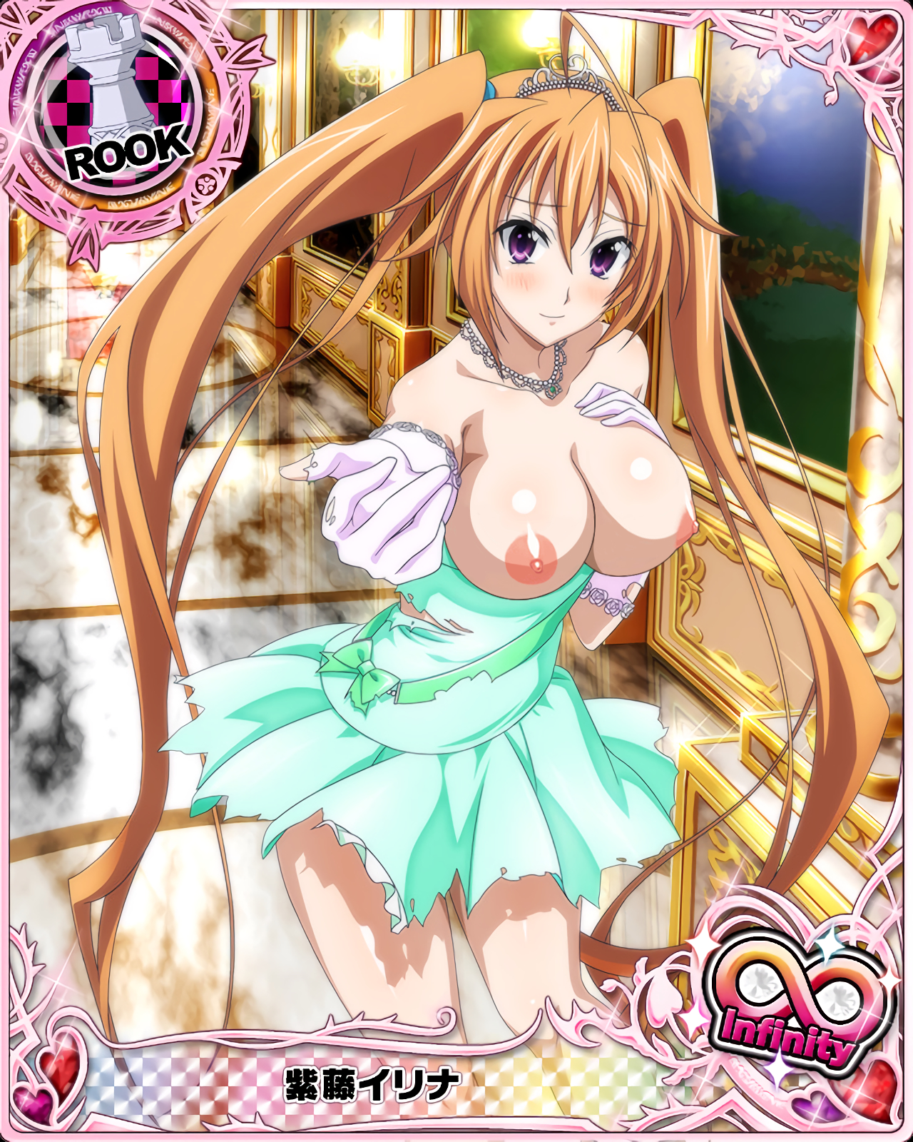 areolae, bare shoulders, blonde hair, blush, breast suppress, breasts, breasts out, card (medium), female, high school dxd, large breasts, long hair, long twintails, looking at viewer, nipples, photoshop, pointy chin, purple eyes, shidou irina, smile, solo, standing, tied hair, topless, twintails, very long hair
