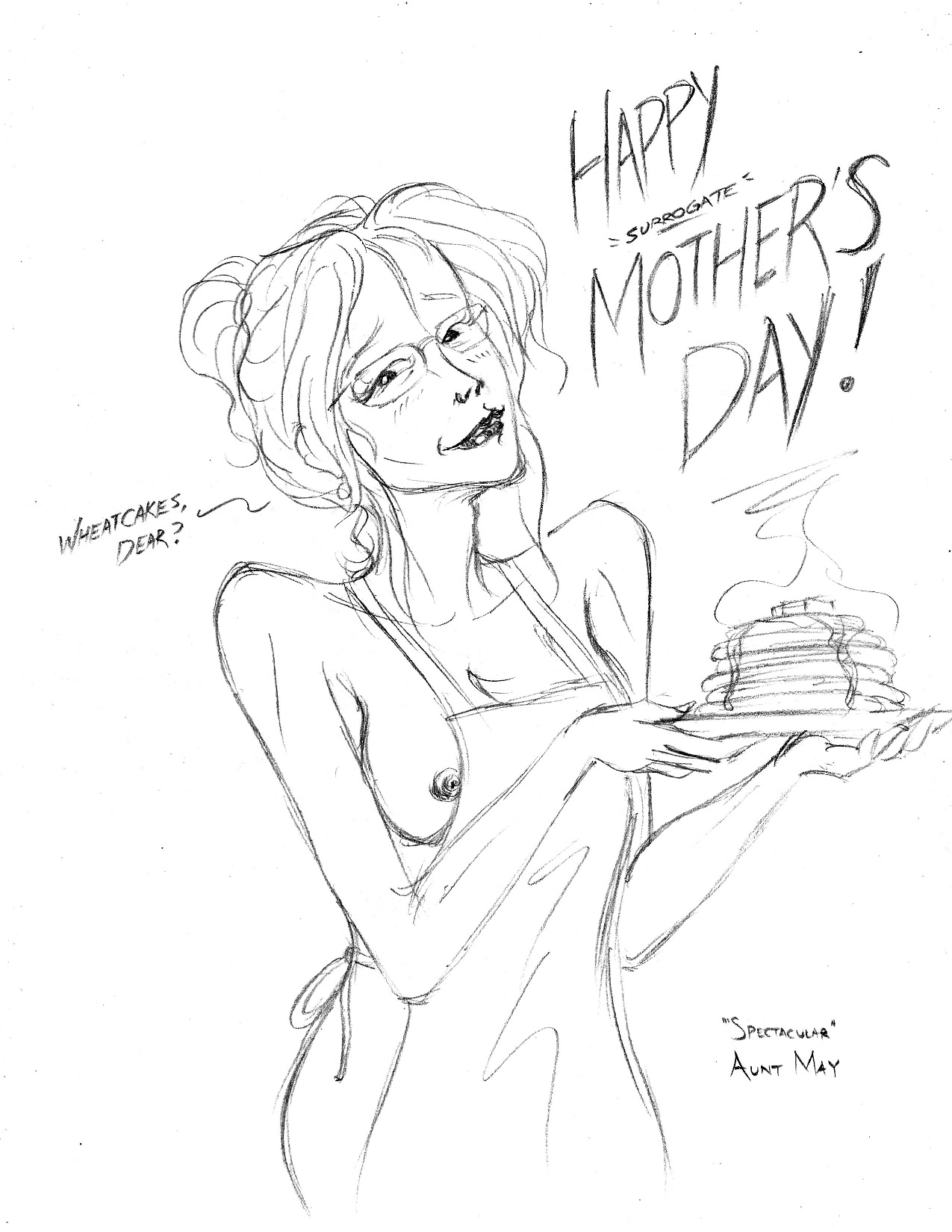 1girls, breasts, english, english text, female, female only, gilf, glasses, marvel, marvel comics, mature, mature female, may parker, mother's day, naked apron, nipples, older female, pancakes, pookie, spider-man (series), the spectacular spider-man, white background, wrinkles