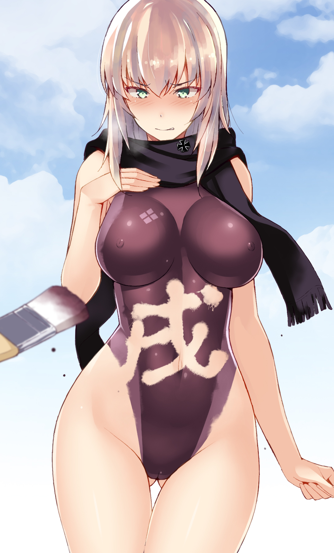 1girls, areolae, ass, ass visible through thighs, astroguy2, big ass, big breasts, blonde hair, blue eyes, blush, blushing female, body paint, bodypaint, breasts, completely nude, false clothes, female, female only, girls und panzer, innie pussy, itsumi erika, nipples, nude, nude female, paint brush, paint on body, paintbrush, painted clothes, pussy, scarf, scarf only, shaved pussy, standing, swimsuit, thick thighs, thighs