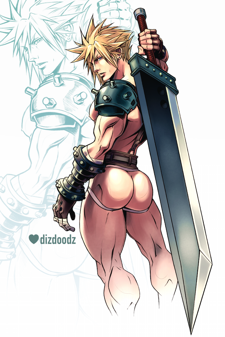 1boy 2015 2016 abstract_background armor artist_name ass back_view big_ass blonde_hair blue_eyes bottomless cloud_strife dizdoodz final_fantasy final_fantasy_vii fingerless_gloves gauntlet gloves heart holding_object holding_weapon huge_ass huge_weapon human human_only jockstrap looking_at_viewer looking_back male male_nipple male_nipples male_only melee_weapon muscles muscular muscular_male nipple nipples open_mouth presenting presenting_ass presenting_butt presenting_hindquarters signature solo sword text underwear watermark weapon white_background yaoi