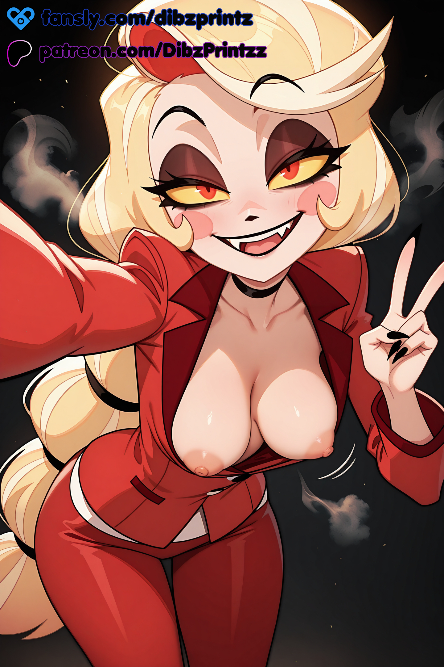 1girls, ai, ai assisted, ai generated, anime, artist name, black choker, black nails, blonde hair, blush stickers, breasts, breasts out, charlie morningstar (hazbin hotel), choker, colored sclera, dibzprintz, eyeshadow, fangs, fansly, female, formal, hazbin hotel, hi res, high quality, high resolution, highres, jacket, long hair, looking at viewer, makeup, medium breasts, multicolored hair, nipples, no bra, open mouth, reaching towards viewer, red eyes, red pants, red sclera, red suit, selfie, smile, solo, suit, teeth, v, very long hair, watermark, yellow sclera
