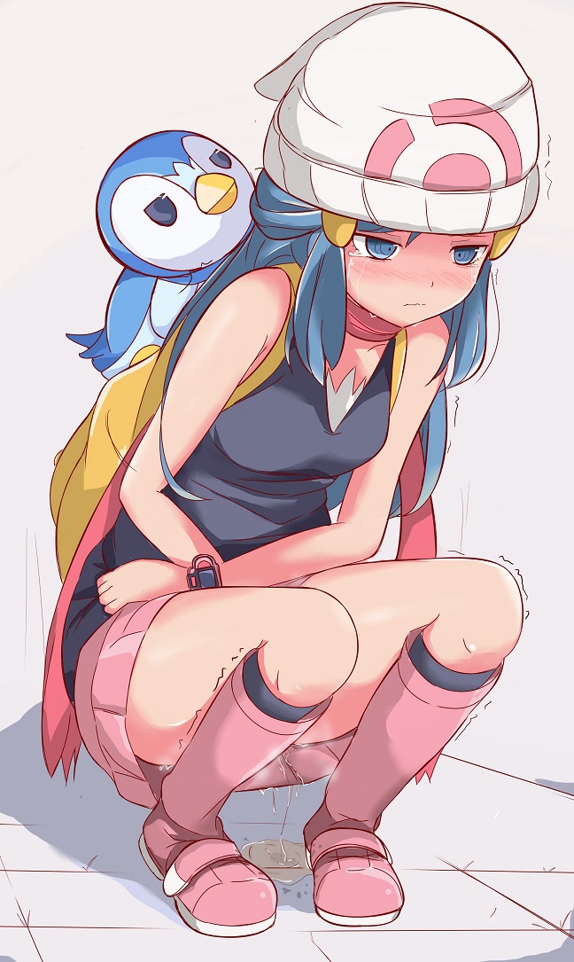 1girls, backpack, bare arms, bare shoulders, black shirt, blue eyes, blue hair, blush, boots, breasts, closed mouth, crying, dawn (pokemon), embarrassed, female, hat, long hair, miniskirt, muroi (fujisan0410), omorashi, outdoors, pee on floor, peeing, peeing self, pink skirt, piplup, pokemon, puddle, scarf, shiny skin, skirt, sleeveless shirt, small breasts, squatting, tears, thighs, urine, wetting, wetting self