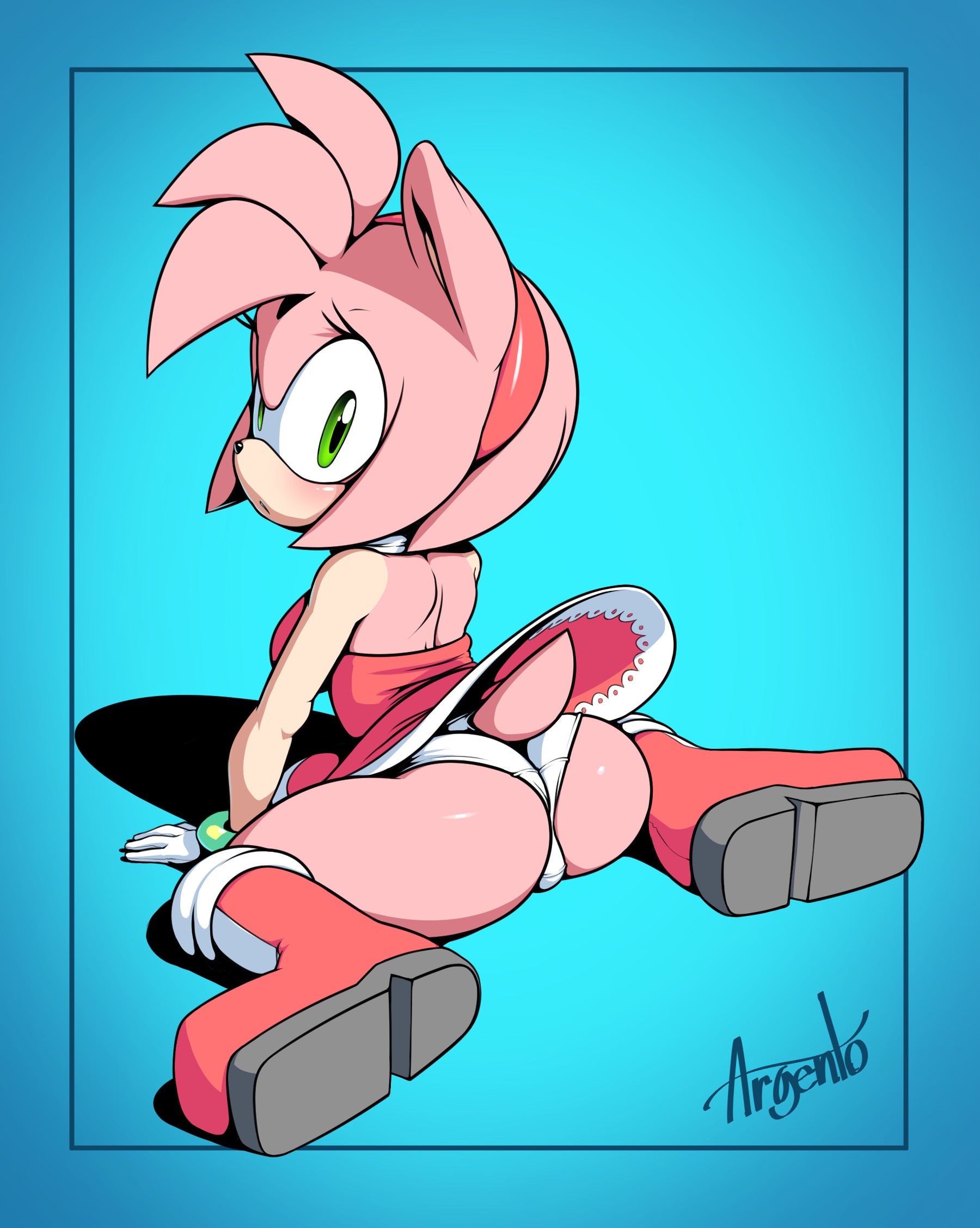 1girls, abstract background, amy rose, anthro, argento, ass, clothed, dress, female, female only, fur, gloves, green eyes, hairband, hedgehog, looking at viewer, looking back, panties, panty shot, pink fur, posing, presenting, sega, shoes, solo, sonic (series), sonic the hedgehog (series), tail, thong, upskirt
