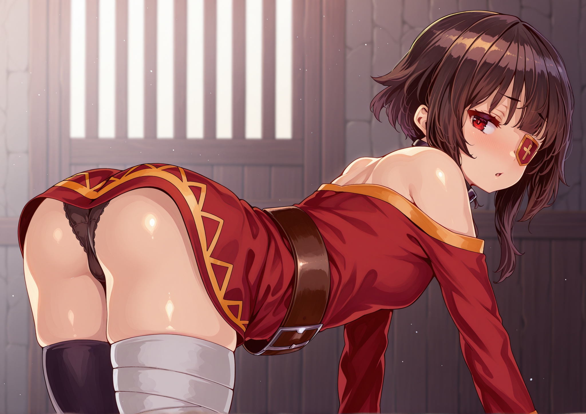 ai generated, black panties, blush, female, kono subarashii sekai ni shukufuku wo!, looking back, megumin, pixai, pixiv, shiokonbu, shiokonbu art style, short dress, sticking ass out