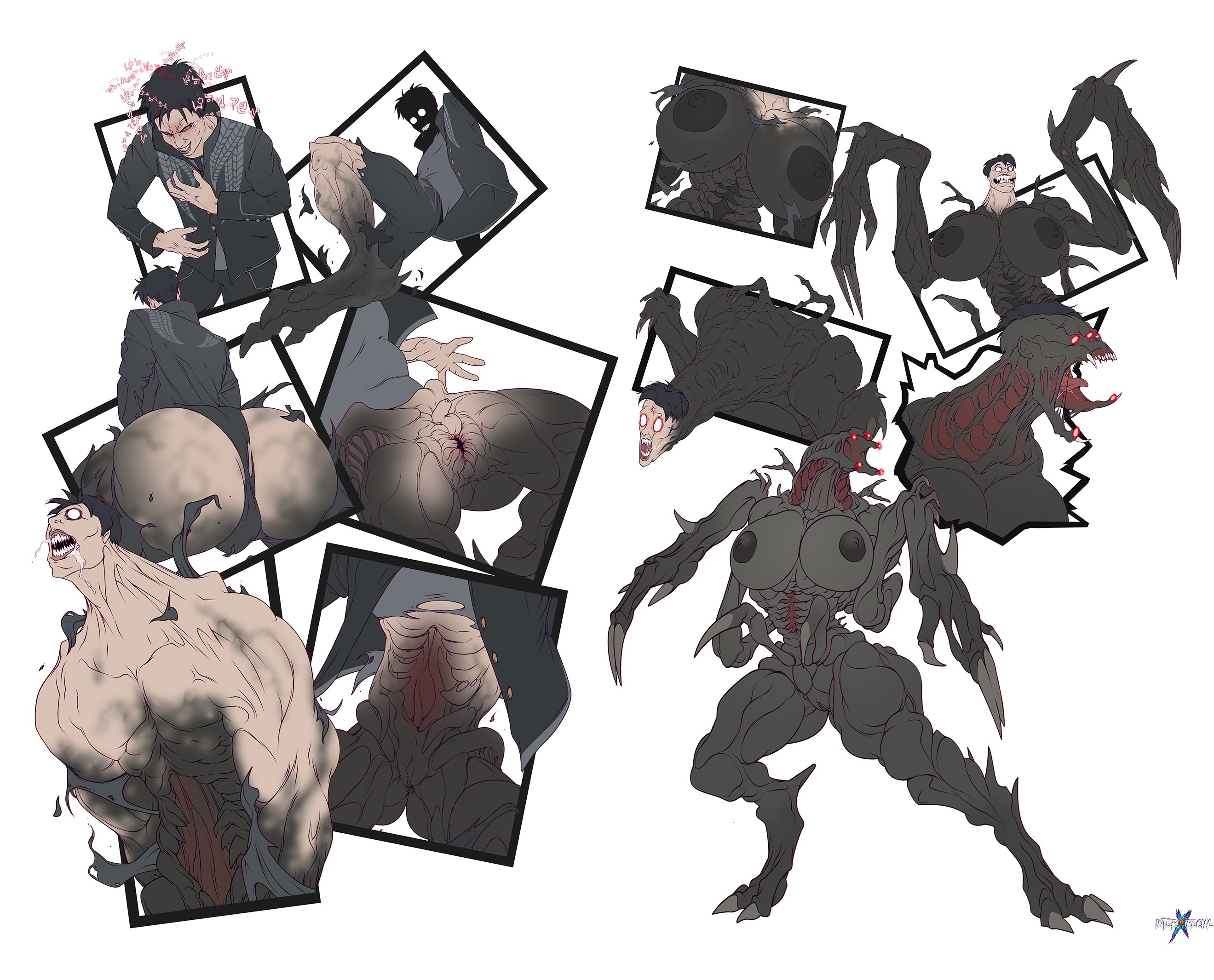 1girls, 2d, alien, ass expansion, black body, black hair, black nipples, breast expansion, breast growth, breast growth (enlargement), breasts, clothes ripping, consensual, dead space, digitigrade, female, gender transformation, interxpecial, monster girl, mtf transformation, multi arm, multi eye, multi limb, necromorph, nightmare waifu, nipples, pussy, red eyes, skin color change, species transformation, thick thighs, transformation, transformation sequence, wide hips