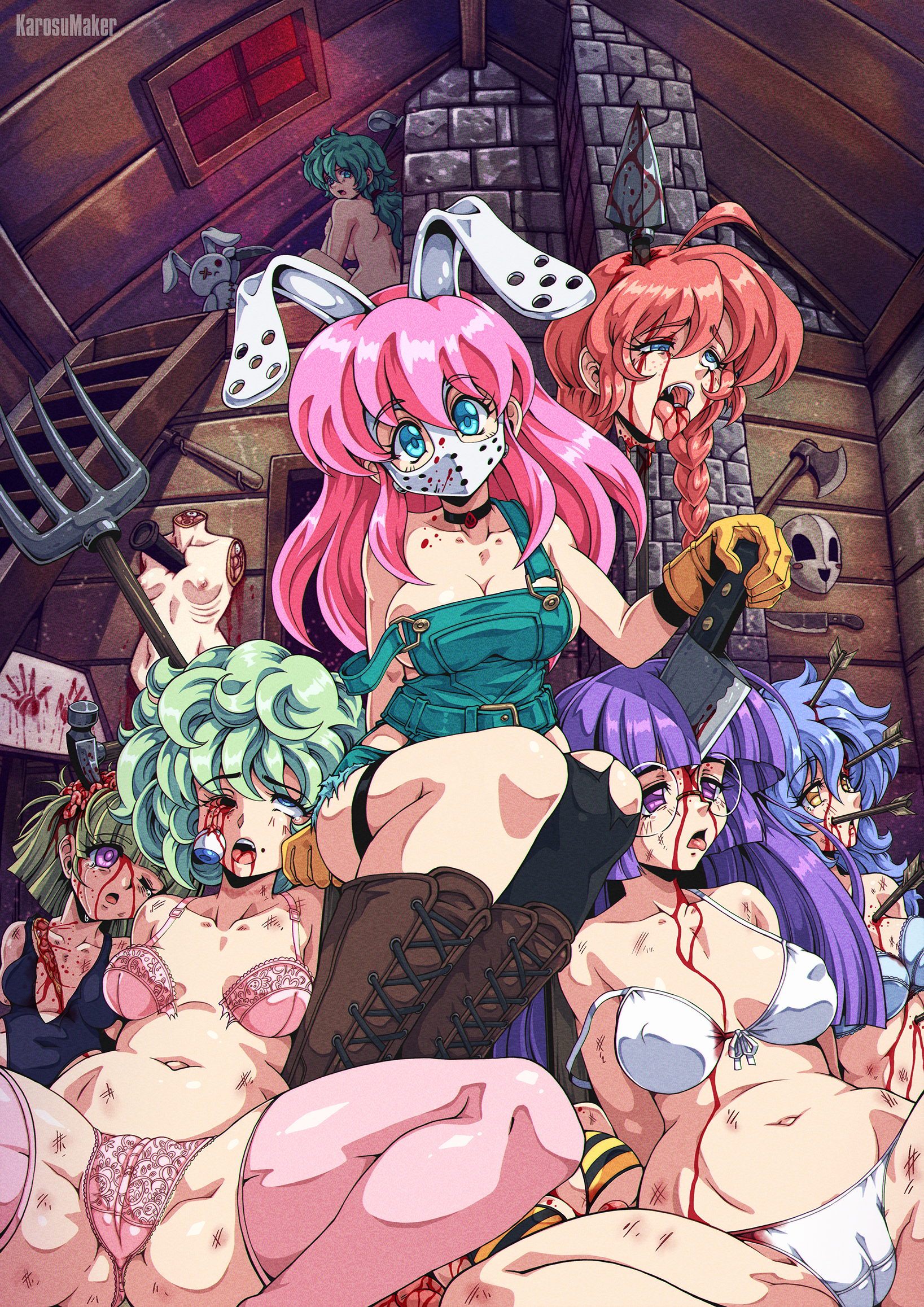 after rape, cameltoe, death, eye popping, female, female death, female focus, female killer, female only, female/female, gore, guro, hockey mask, karosu-maker, killing, lingerie, multiple deaths, multiple females, multiple girls, post rape, pussy, serial killer, snuff
