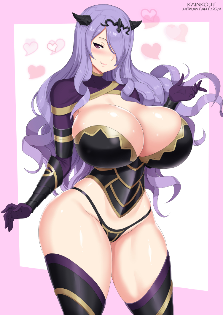 1girls, 2018, 5 fingers, armor, black panties, black thong, black underwear, blush, breasts, breasts bigger than head, busty, camilla (fire emblem), cleavage, curvy, female, female only, fire emblem, fire emblem fates, gloves, hair over one eye, hips, hourglass figure, huge breasts, human, human only, kainkout, large breasts, long hair, looking at viewer, nintendo, panties, purple eyes, purple hair, signature, smile, solo, standing, thick, thick thighs, thong, tiara, underwear, video games, wide hips