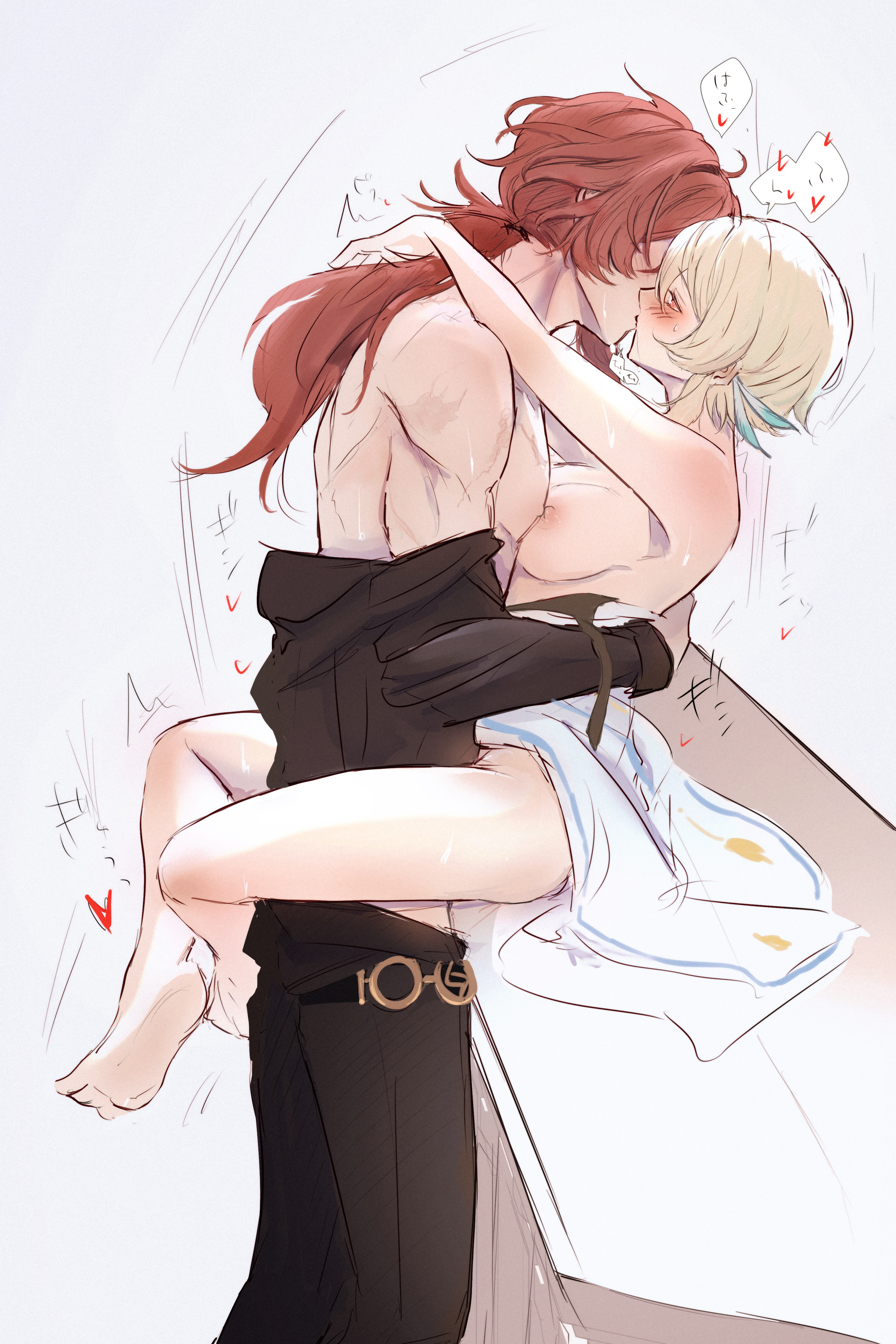 artist request, blonde hair, breasts, couple, diluc (genshin impact), female, genshin impact, hoyoverse, loving couple, lumine (genshin impact), male, red eyes, red hair, video game, video game character, video games