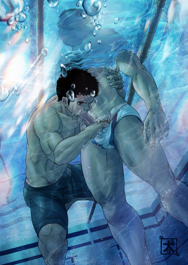 2boys abs bara black_hair dark_hair diving erection fellatio gay hair male male_only multiple_boys muscles oral pecs penis pool pubic_hair speedo swimming swimsuit testicles uncensored underwater water yaoi