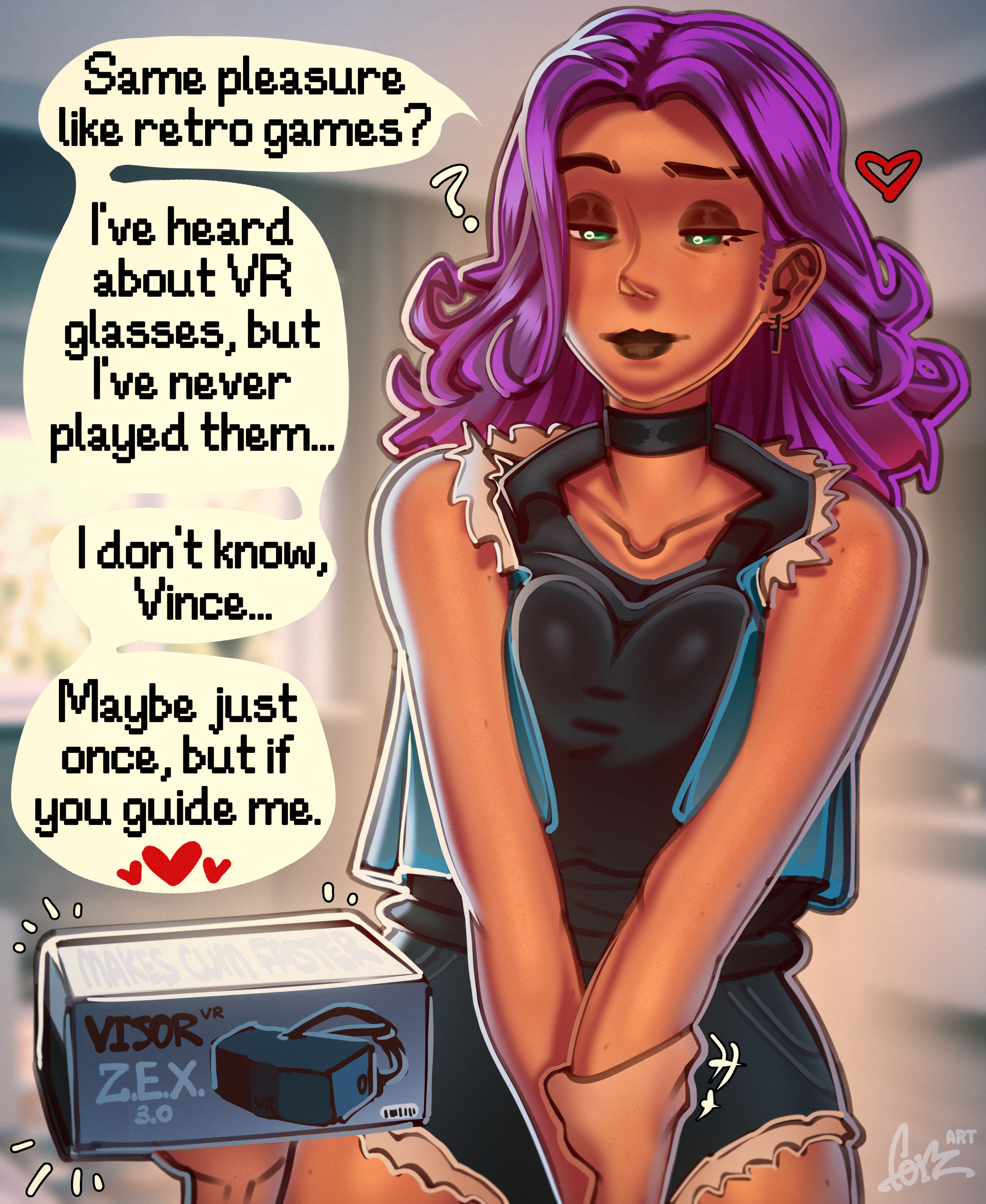 1girls, 2d, abigail (stardew valley), arm grab, breasts, choker, clothed, clothed female, color, female, female focus, forz (artist), full color, green eyes, male pov, non-nude, offscreen character, older female, older female and younger male, pov, purple hair, seductive, seductive look, self upload, squeezing breast, stardew valley, vincent (stardew valley), violet hair, vr headset